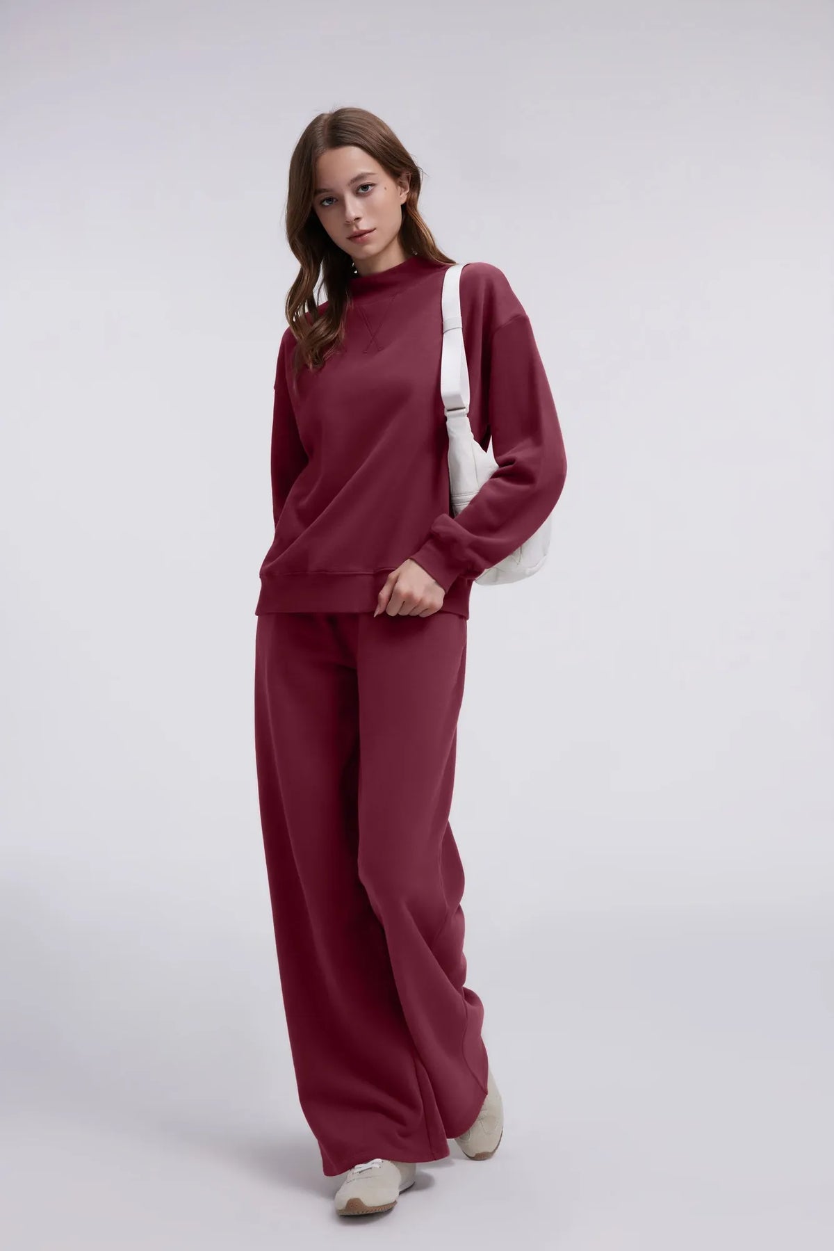 Cotton Mock Neck Sweatshirt Wide Pant Outfit