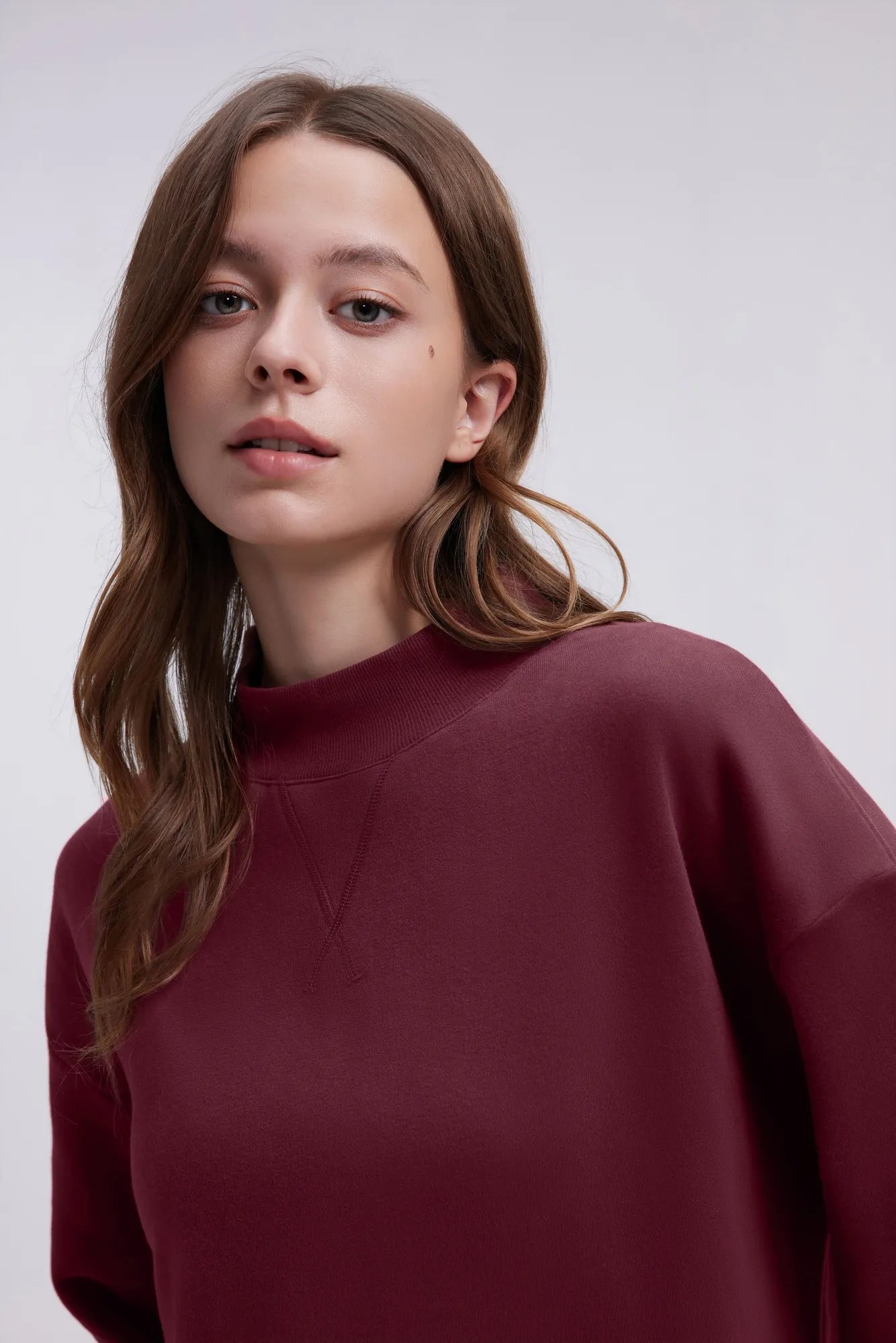 Cotton Mock Neck Sweatshirt Wide Pant Outfit