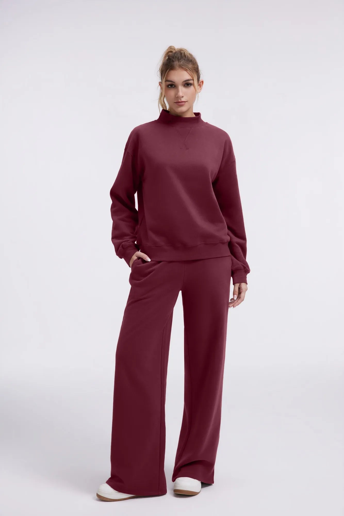 Cotton Mock Neck Sweatshirt Wide Pant Outfit