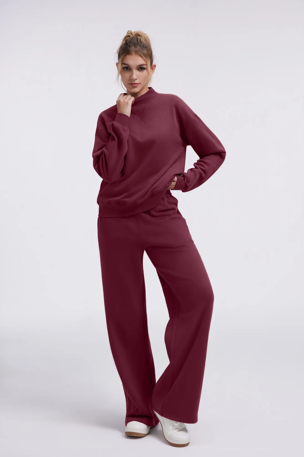 Cotton Mock Neck Sweatshirt Wide Pant Outfit