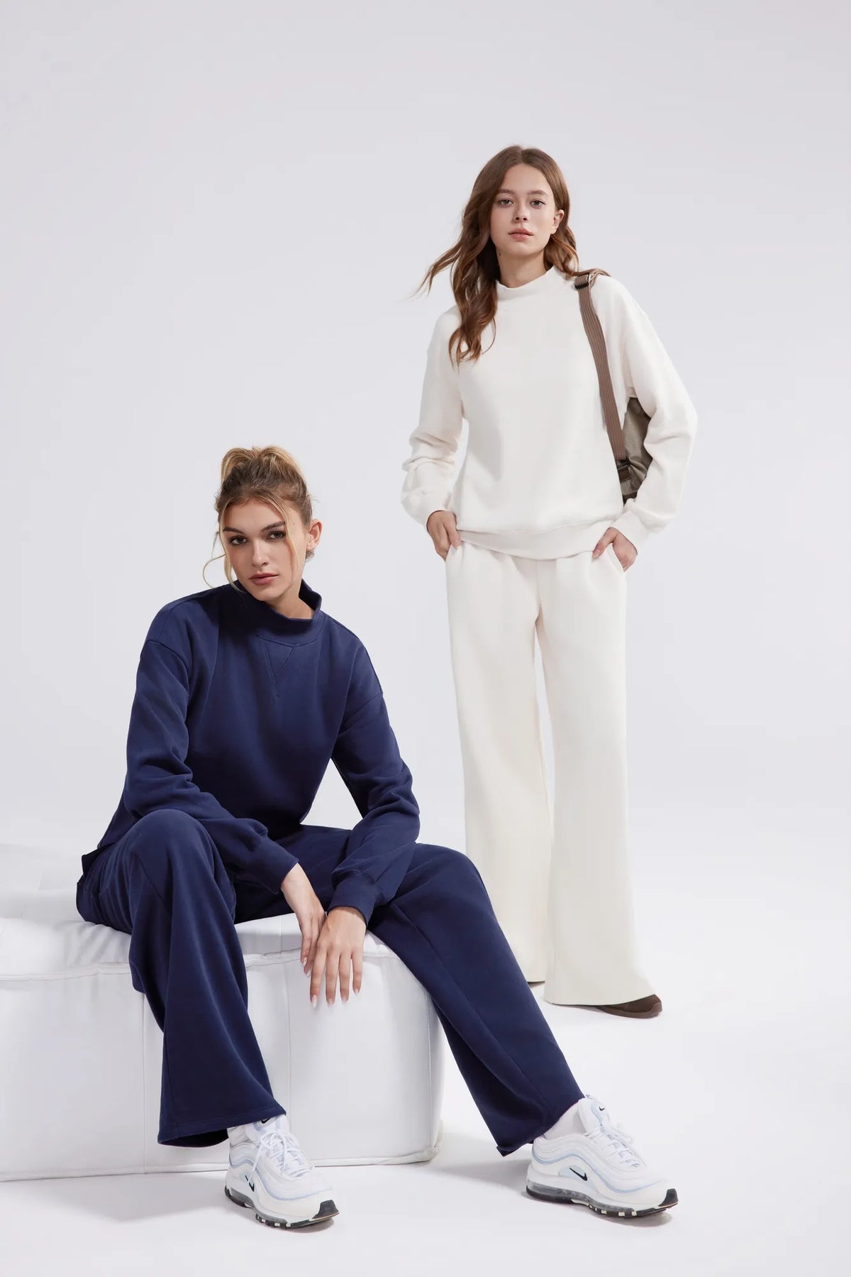 Cotton Mock Neck Sweatshirt Wide Pant Outfit