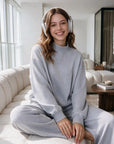 Cotton Mock Neck Sweatshirt Wide Pant Outfit