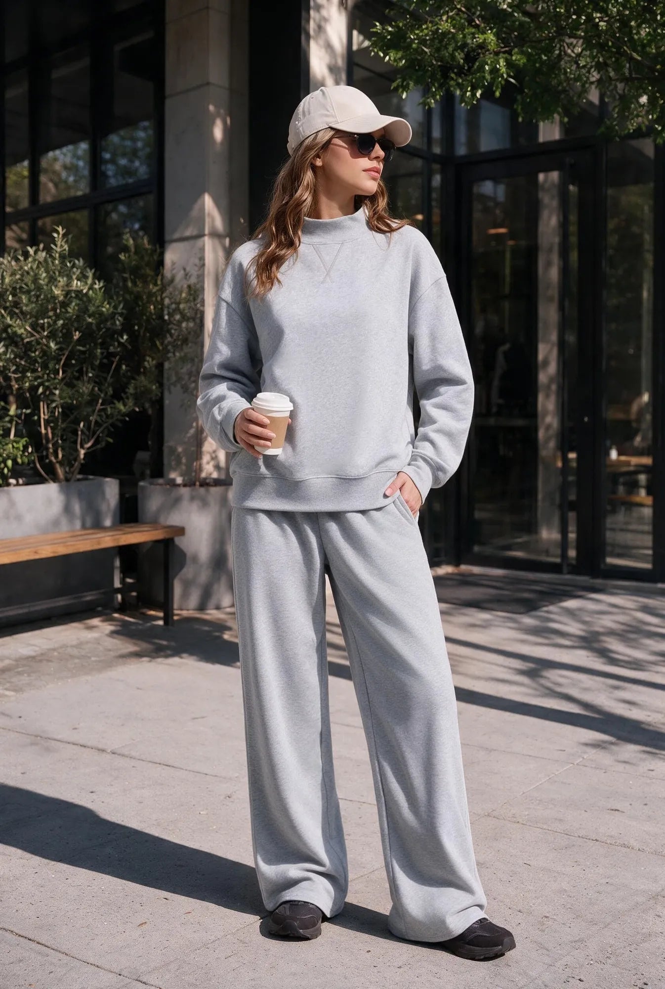 Cotton Mock Neck Sweatshirt Wide Pant Outfit