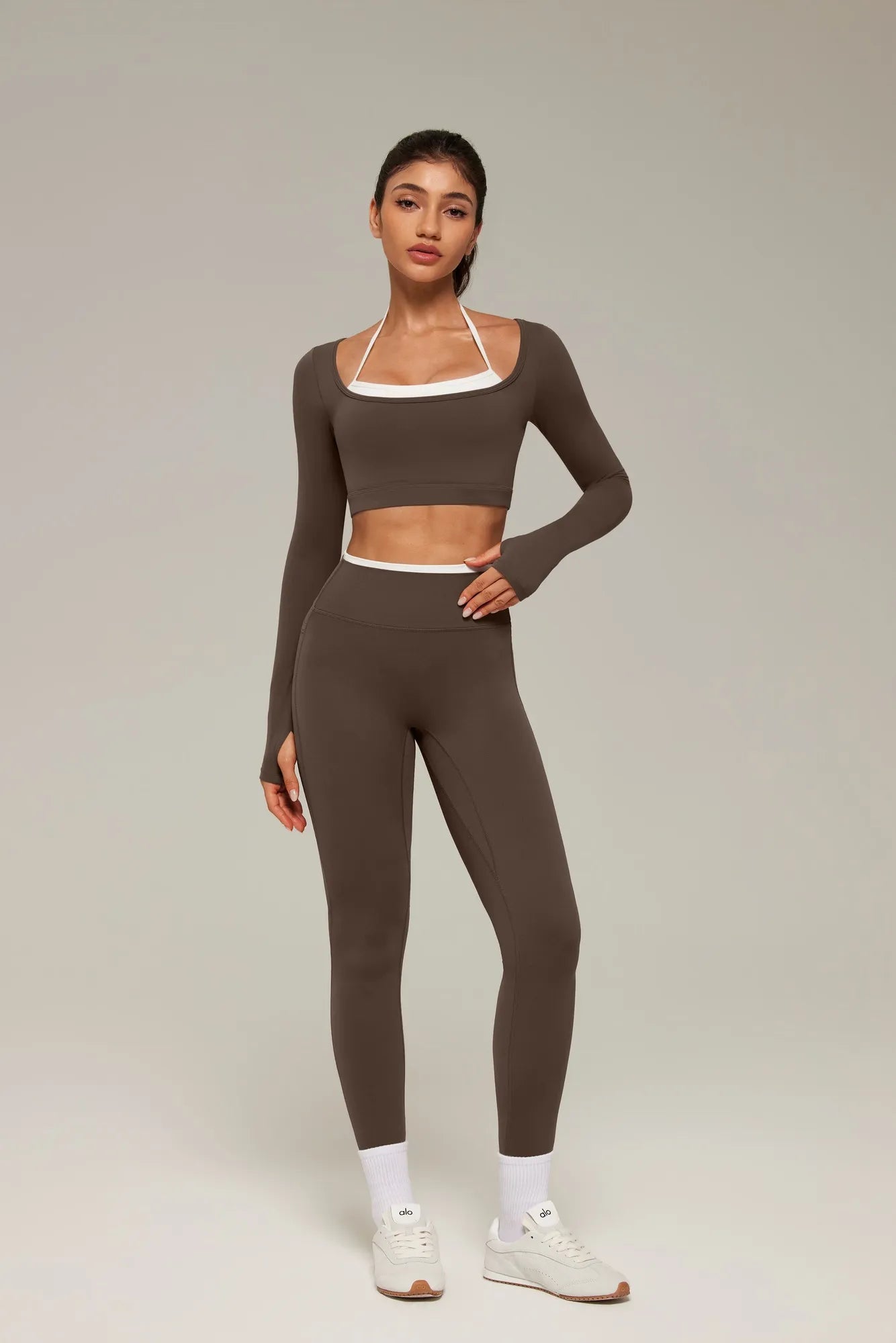 Halter Layered Two Piece Workout Set-SUUKSESS-Brown-XS-SUUKSESS