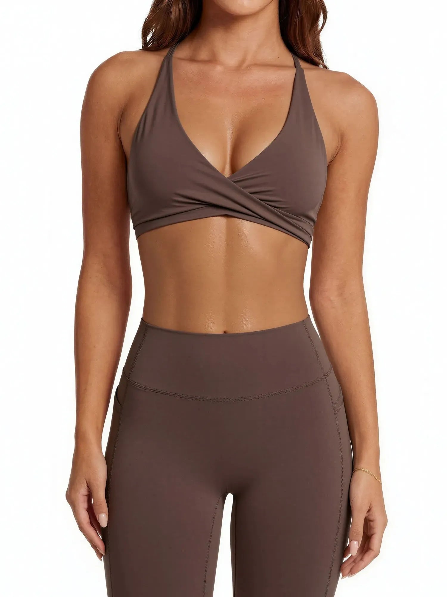 V Neck Bra 2 Piece Workout Set-SUUKSESS-Brown-XS-SUUKSESS