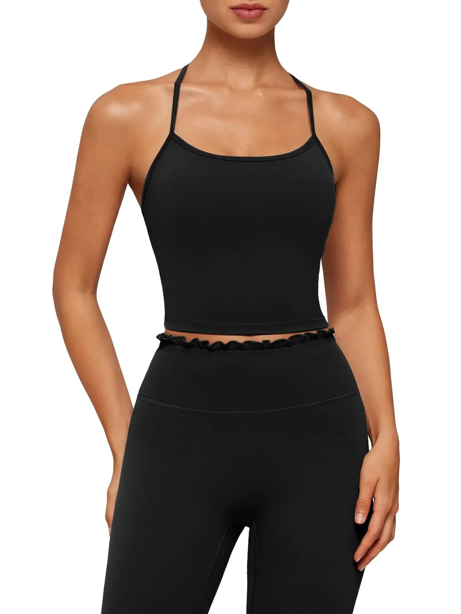 Y-Back Pilates Ruffle-Trim Workout Set-SUUKSESS-SUUKSESS