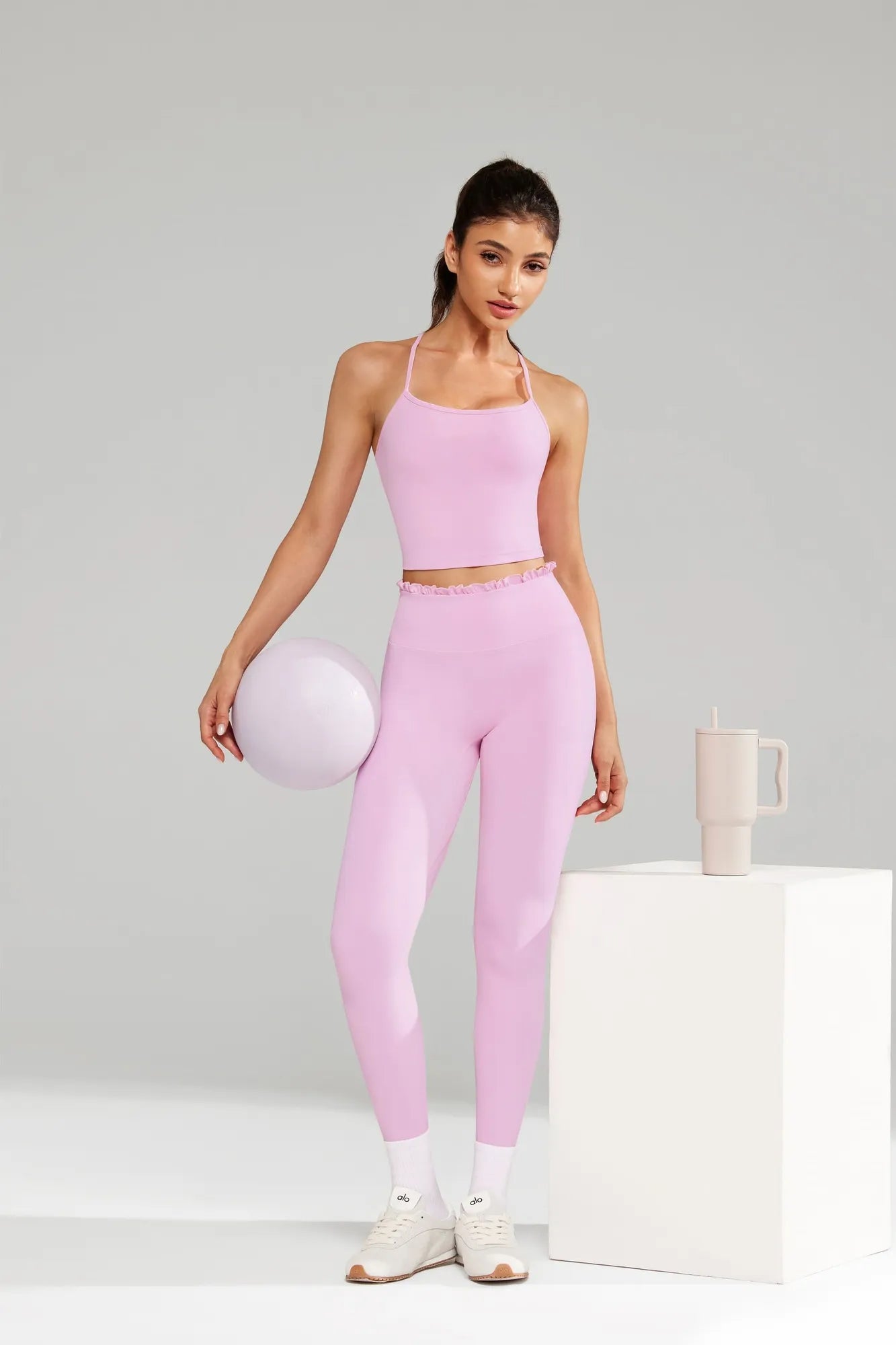 Y-Back Pilates Ruffle-Trim Workout Set-SUUKSESS-SUUKSESS