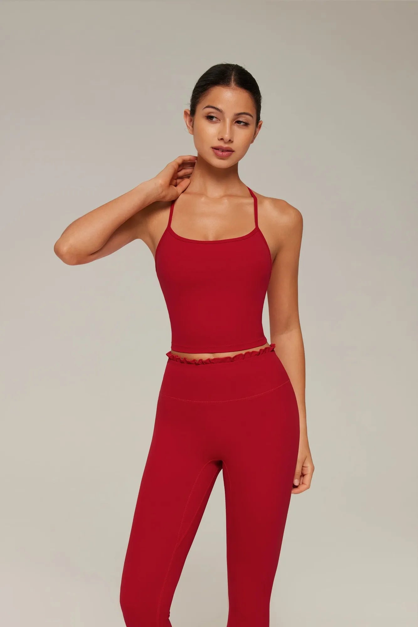 Y-Back Pilates Ruffle-Trim Workout Set-SUUKSESS-Wine-XS-SUUKSESS