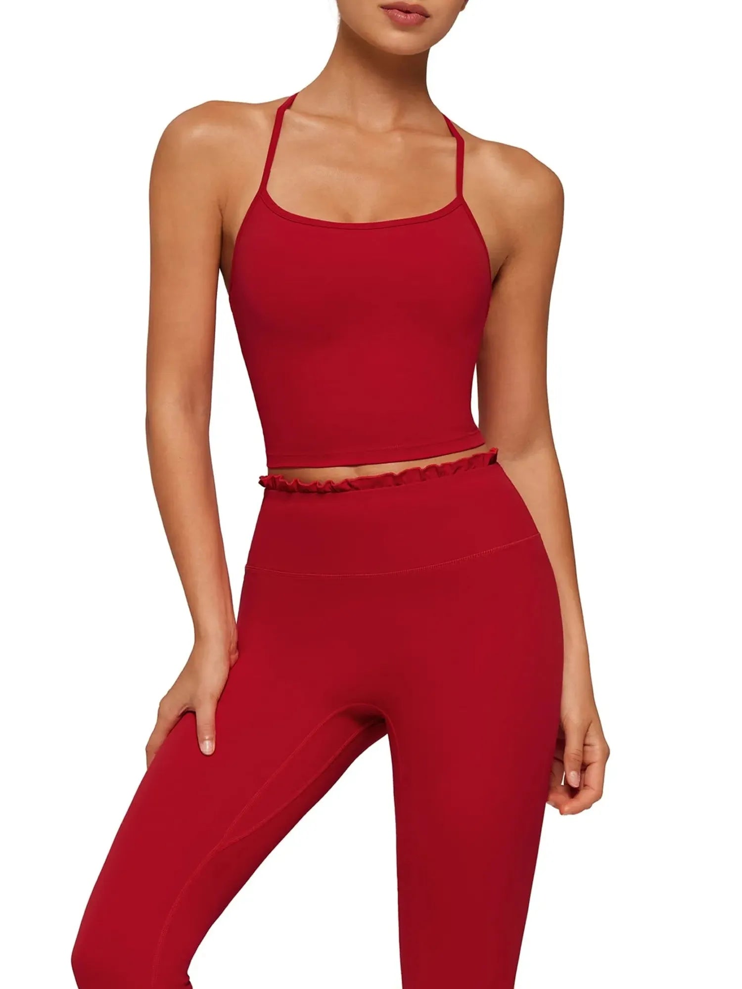 Y-Back Pilates Ruffle-Trim Workout Set-SUUKSESS-SUUKSESS