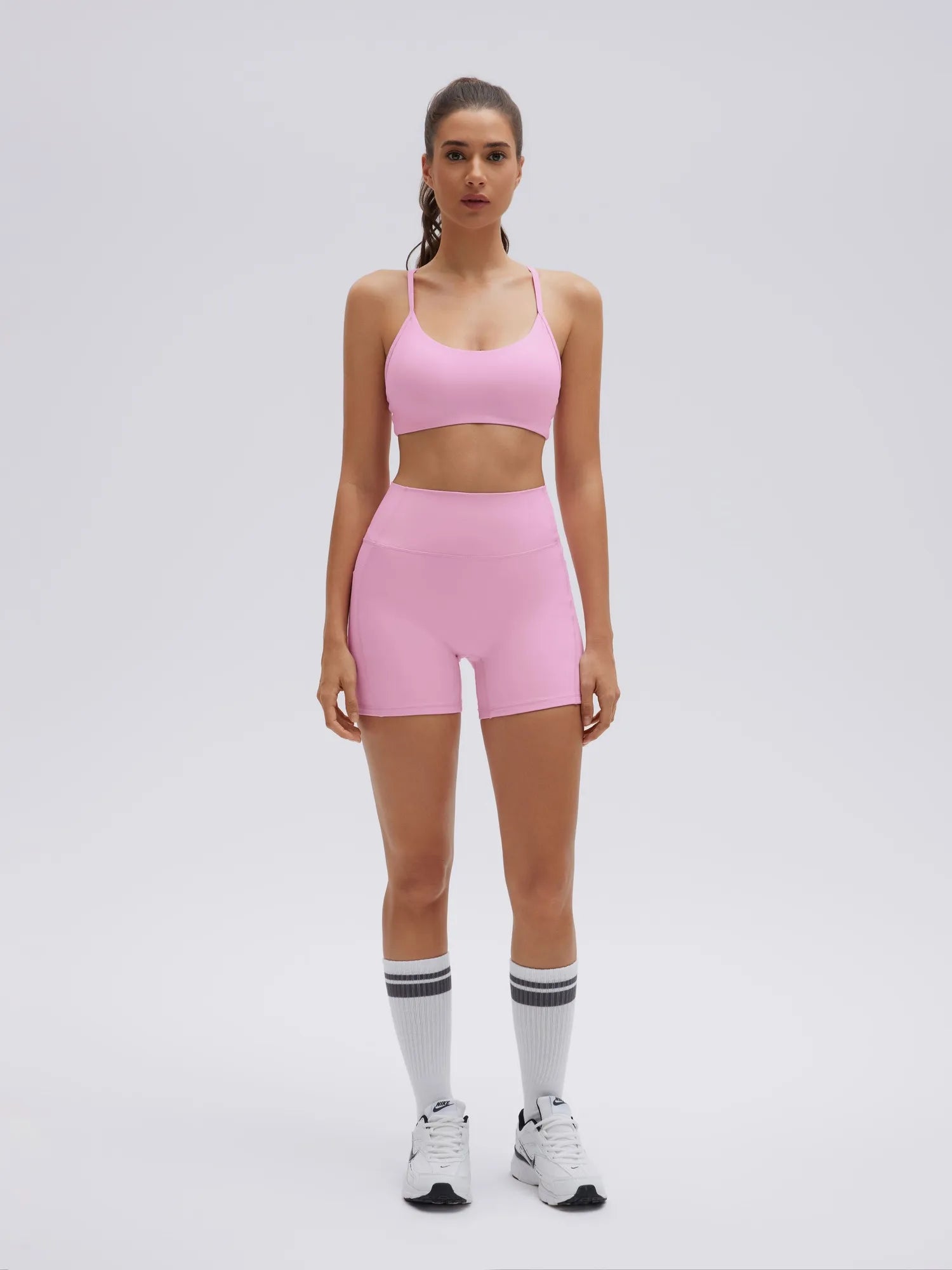 SUUKSESS Workout Sets for Women Y Back Sports Bras Padded Racerback Low Impact Thin Strap Top Biker Shorts with Pockets-SUUKSESS-Light Pink-XS-SUUKSESS