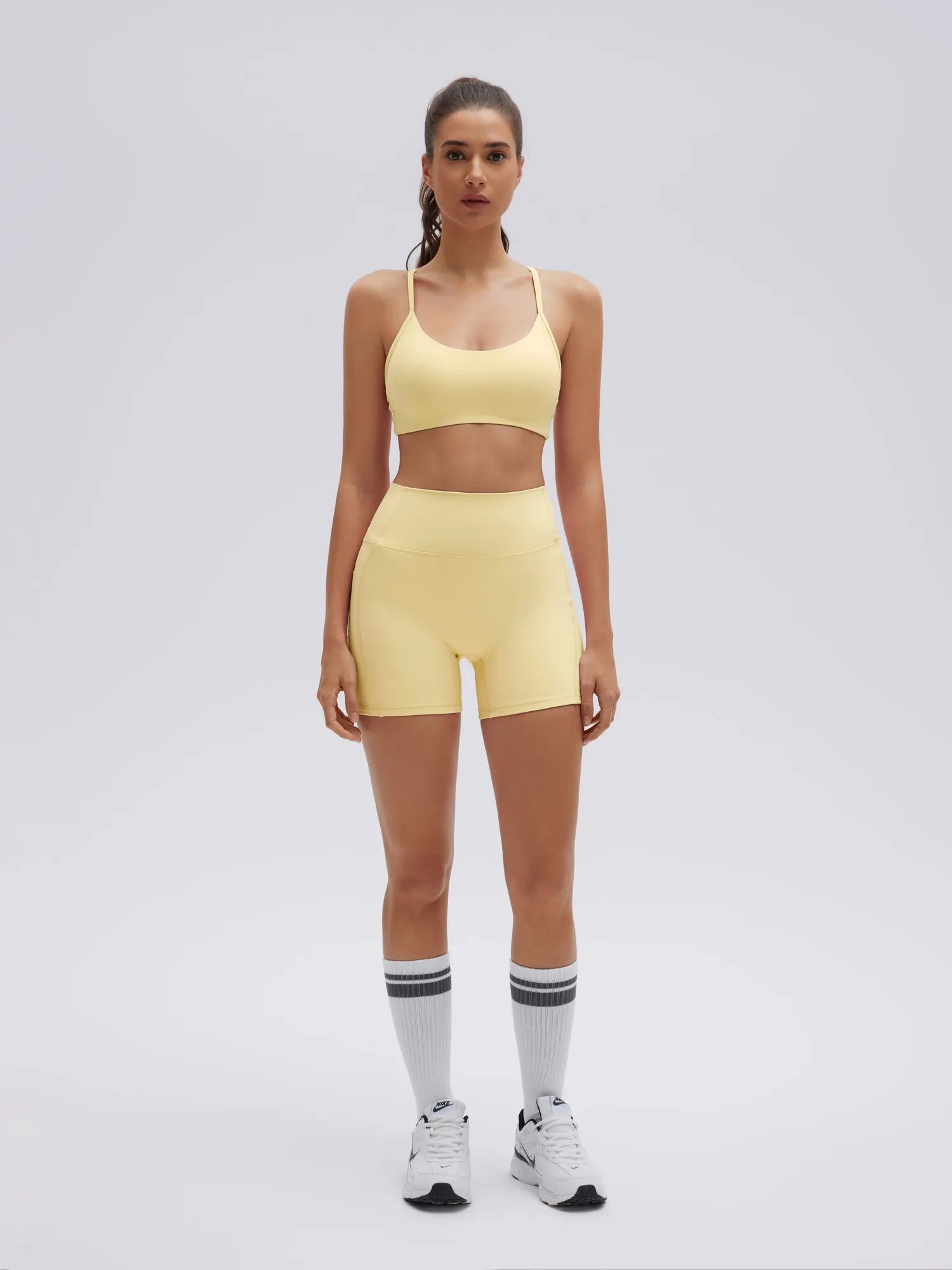 SUUKSESS Workout Sets for Women Y Back Sports Bras Padded Racerback Low Impact Thin Strap Top Biker Shorts with Pockets-SUUKSESS-Yellow-XS-SUUKSESS