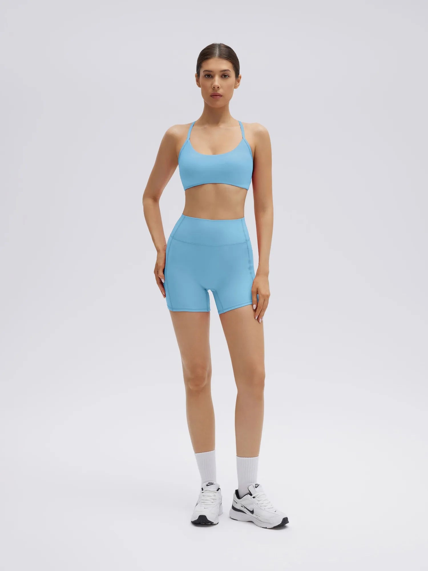 SUUKSESS Workout Sets for Women Y Back Sports Bras Padded Racerback Low Impact Thin Strap Top Biker Shorts with Pockets-SUUKSESS-Sky Blue-XS-SUUKSESS