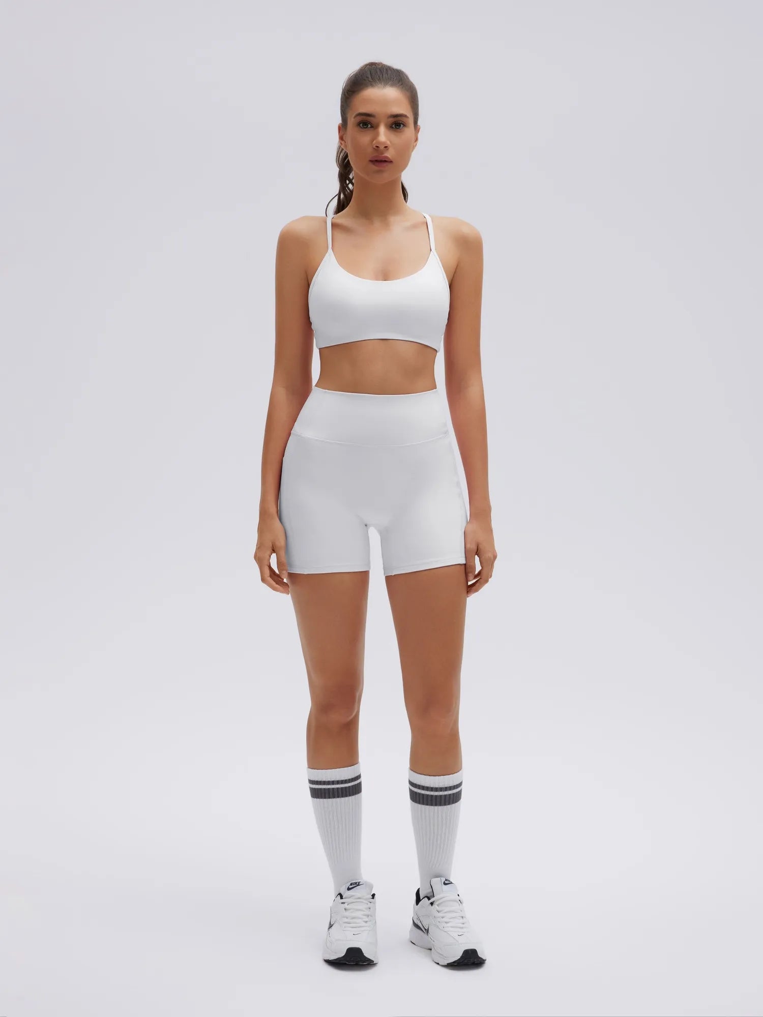 SUUKSESS Workout Sets for Women Y Back Sports Bras Padded Racerback Low Impact Thin Strap Top Biker Shorts with Pockets-SUUKSESS-White-XS-SUUKSESS