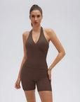 Padded Halter Open Back 2 Piece Workout Sets-SUUKSESS-Brown-XS-SUUKSESS