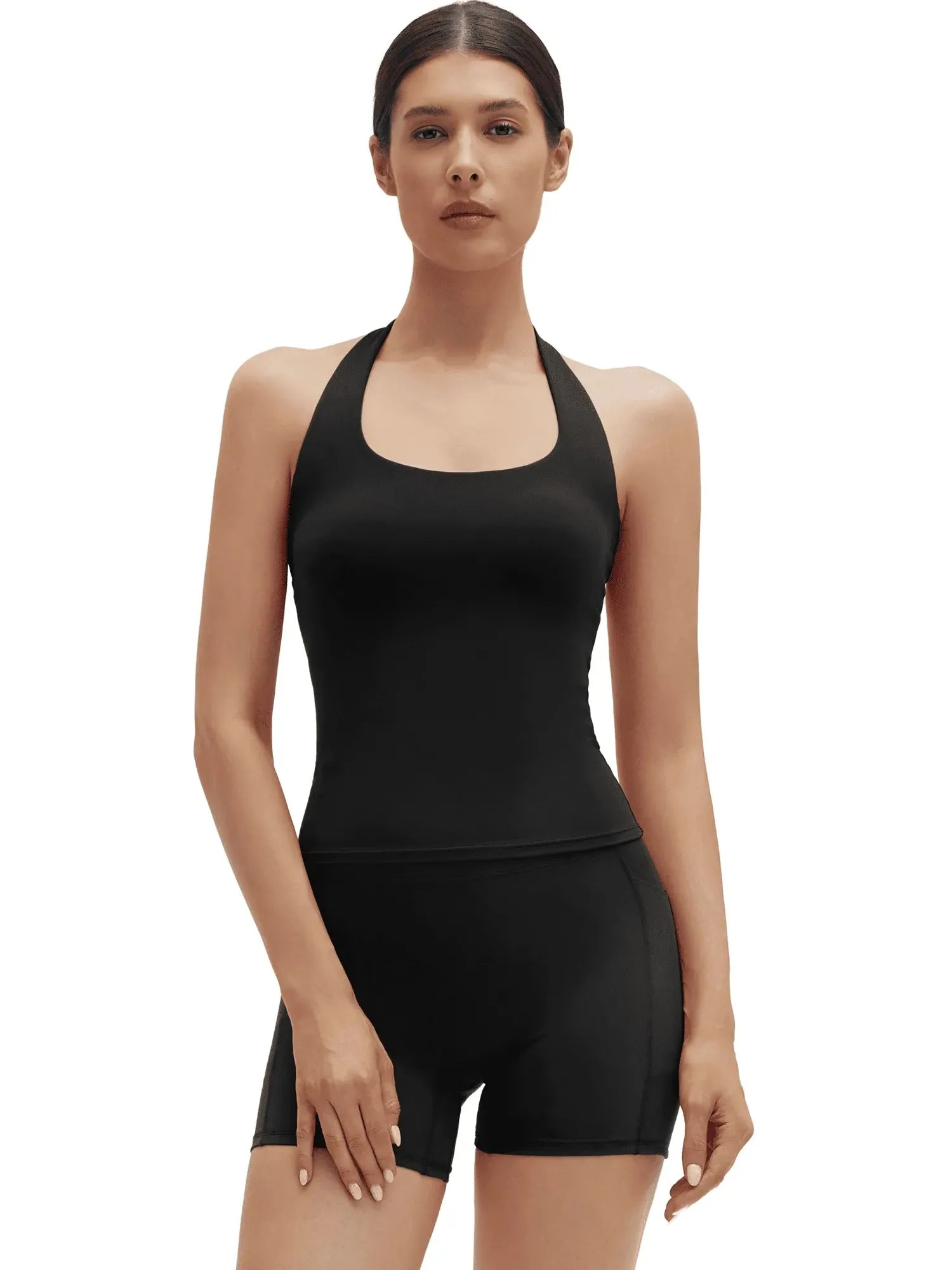 SUUKSESS Women 2 Piece Workout Sets Halter Neck Padded Yoga Tank Tops High Waisted Biker Shorts with Pockets-SUUKSESS-SUUKSESS