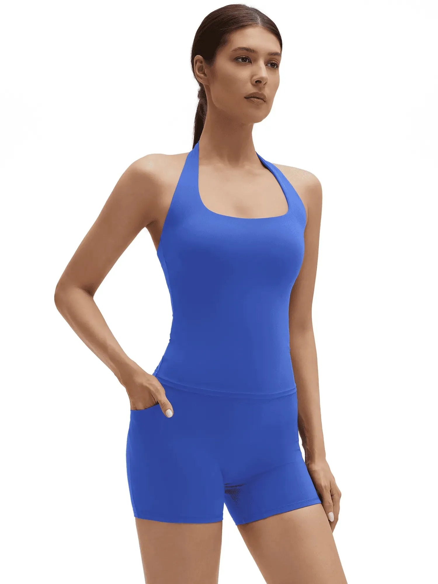 SUUKSESS Women 2 Piece Workout Sets Halter Neck Padded Yoga Tank Tops High Waisted Biker Shorts with Pockets-SUUKSESS-SUUKSESS