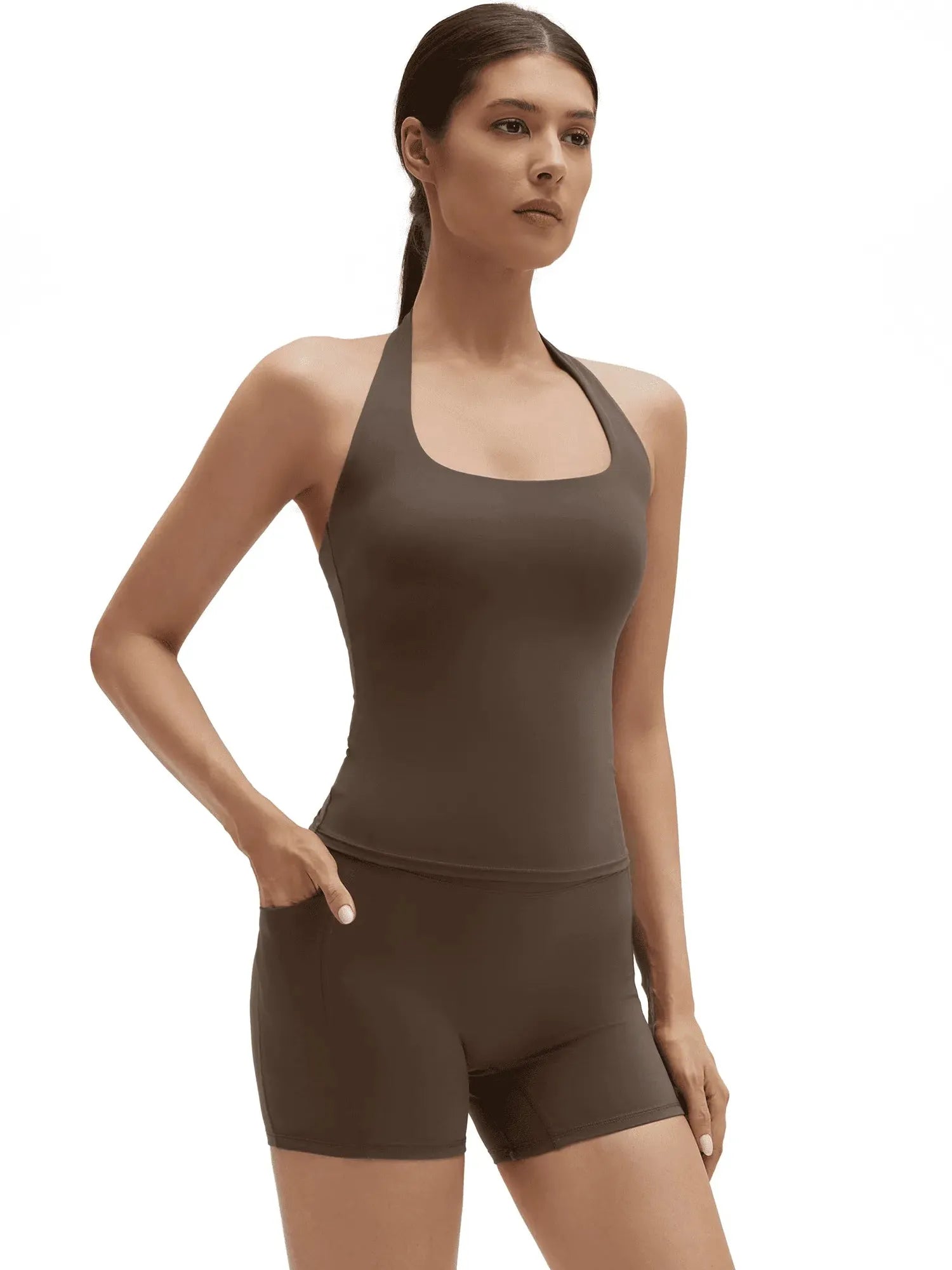 SUUKSESS Women 2 Piece Workout Sets Halter Neck Padded Yoga Tank Tops High Waisted Biker Shorts with Pockets-SUUKSESS-SUUKSESS