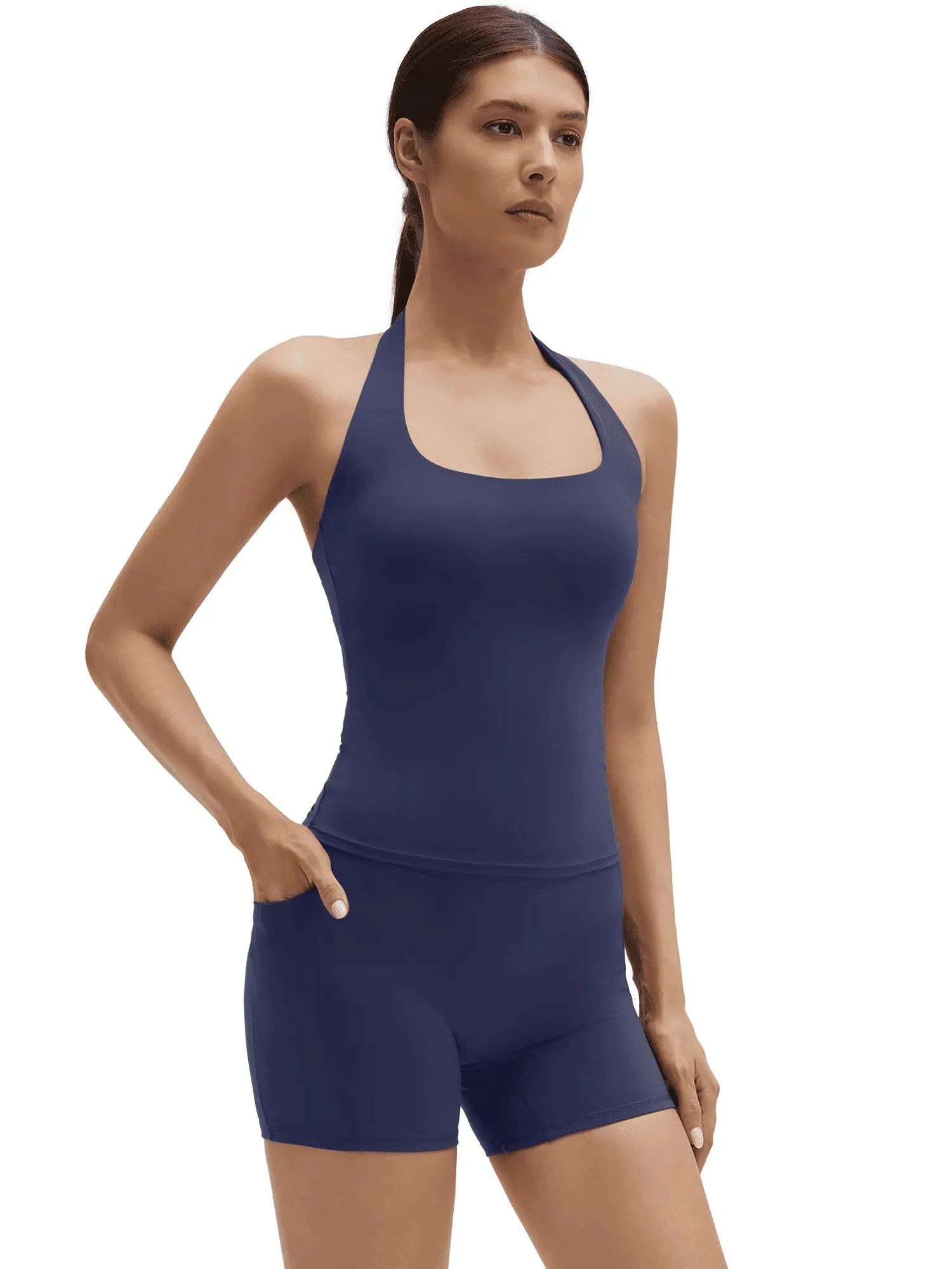 SUUKSESS Women 2 Piece Workout Sets Halter Neck Padded Yoga Tank Tops High Waisted Biker Shorts with Pockets-SUUKSESS-SUUKSESS