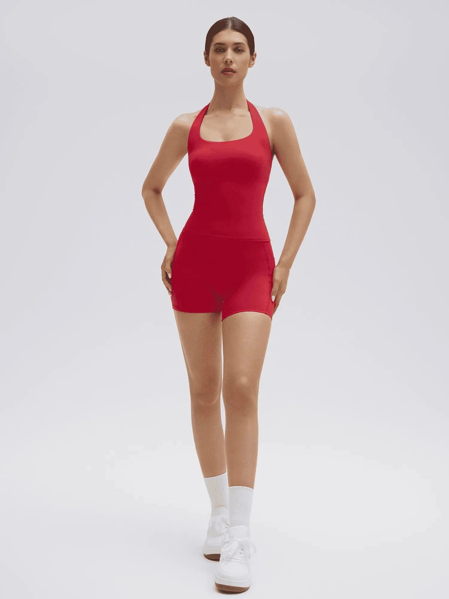 SUUKSESS Women 2 Piece Workout Sets Halter Neck Padded Yoga Tank Tops High Waisted Biker Shorts with Pockets-SUUKSESS-SUUKSESS