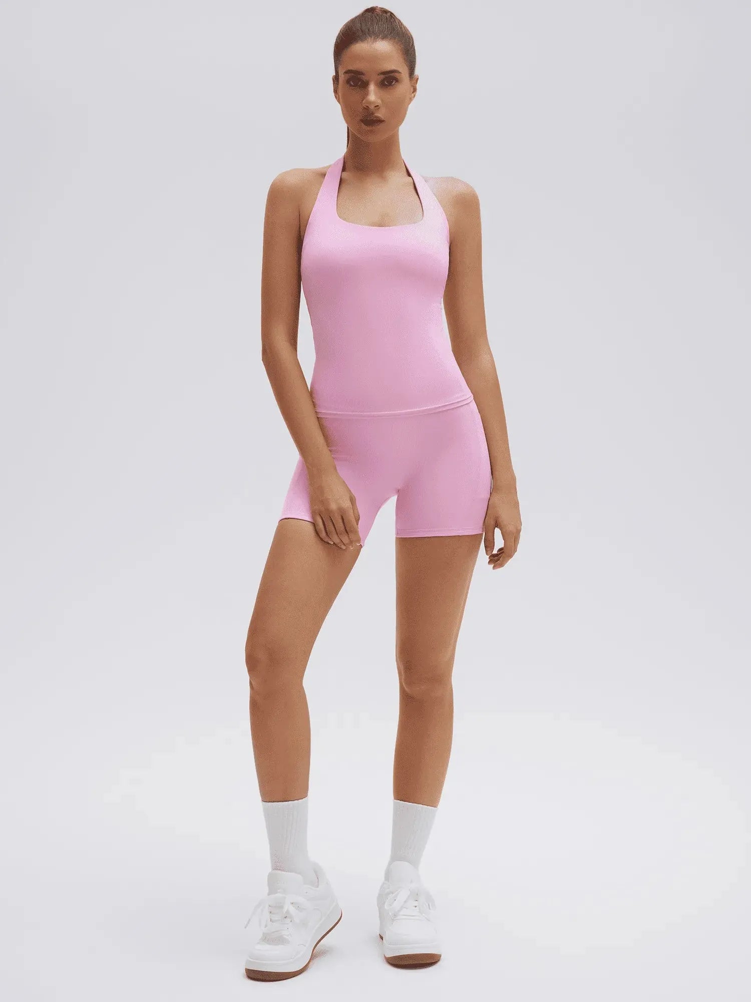 SUUKSESS Women 2 Piece Workout Sets Halter Neck Padded Yoga Tank Tops High Waisted Biker Shorts with Pockets-SUUKSESS-SUUKSESS