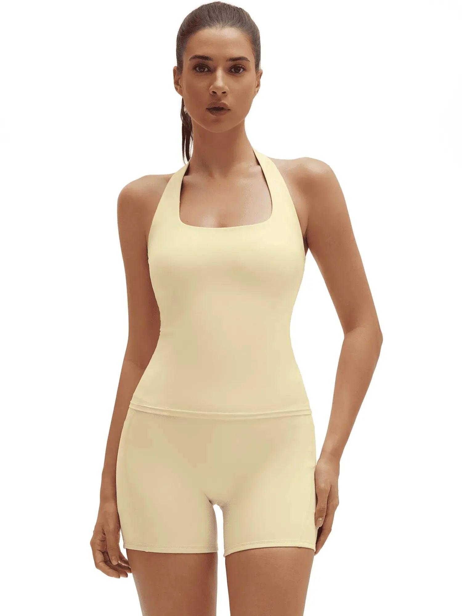 SUUKSESS Women 2 Piece Workout Sets Halter Neck Padded Yoga Tank Tops High Waisted Biker Shorts with Pockets-SUUKSESS-SUUKSESS