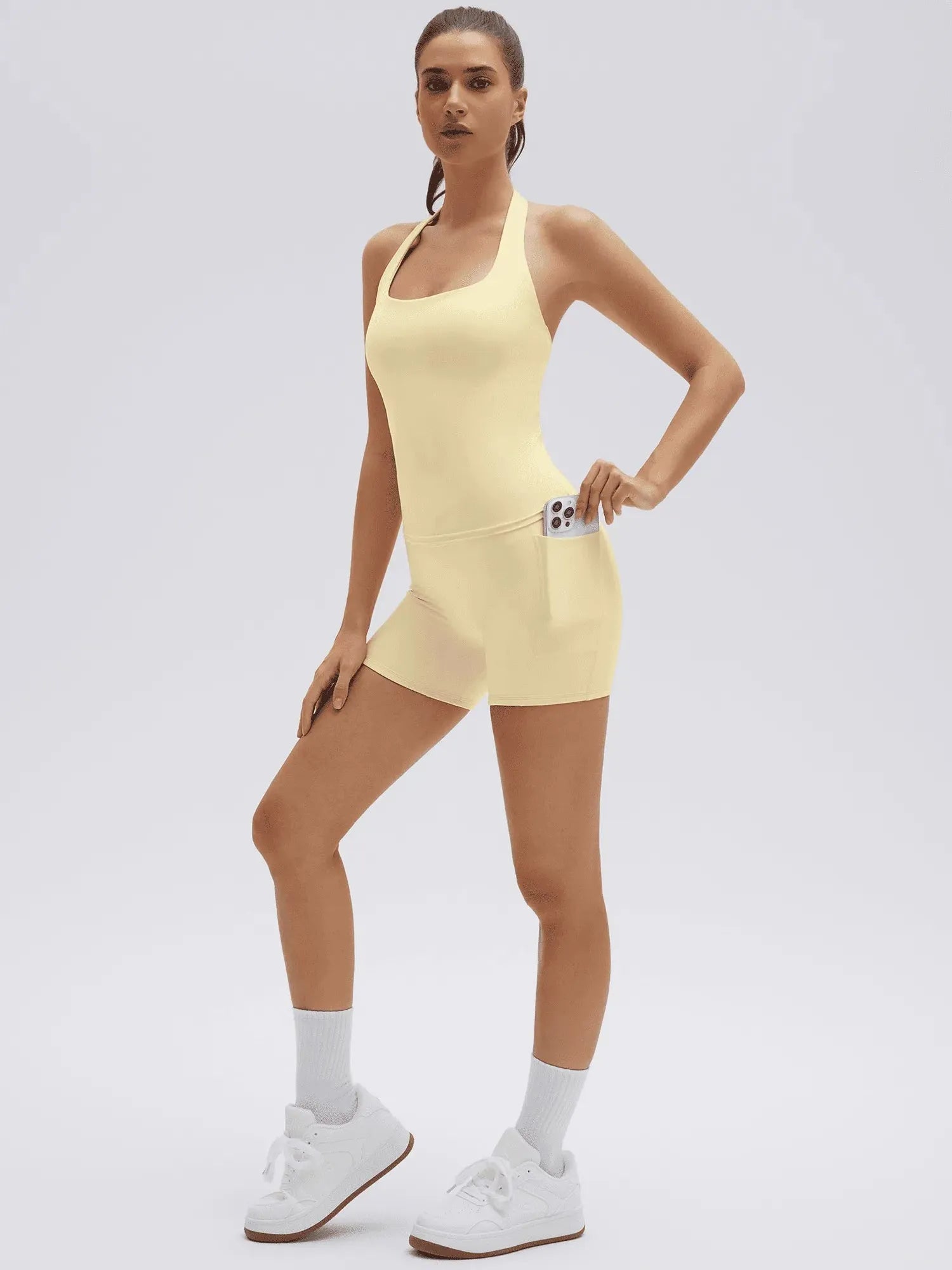 SUUKSESS Women 2 Piece Workout Sets Halter Neck Padded Yoga Tank Tops High Waisted Biker Shorts with Pockets-SUUKSESS-SUUKSESS