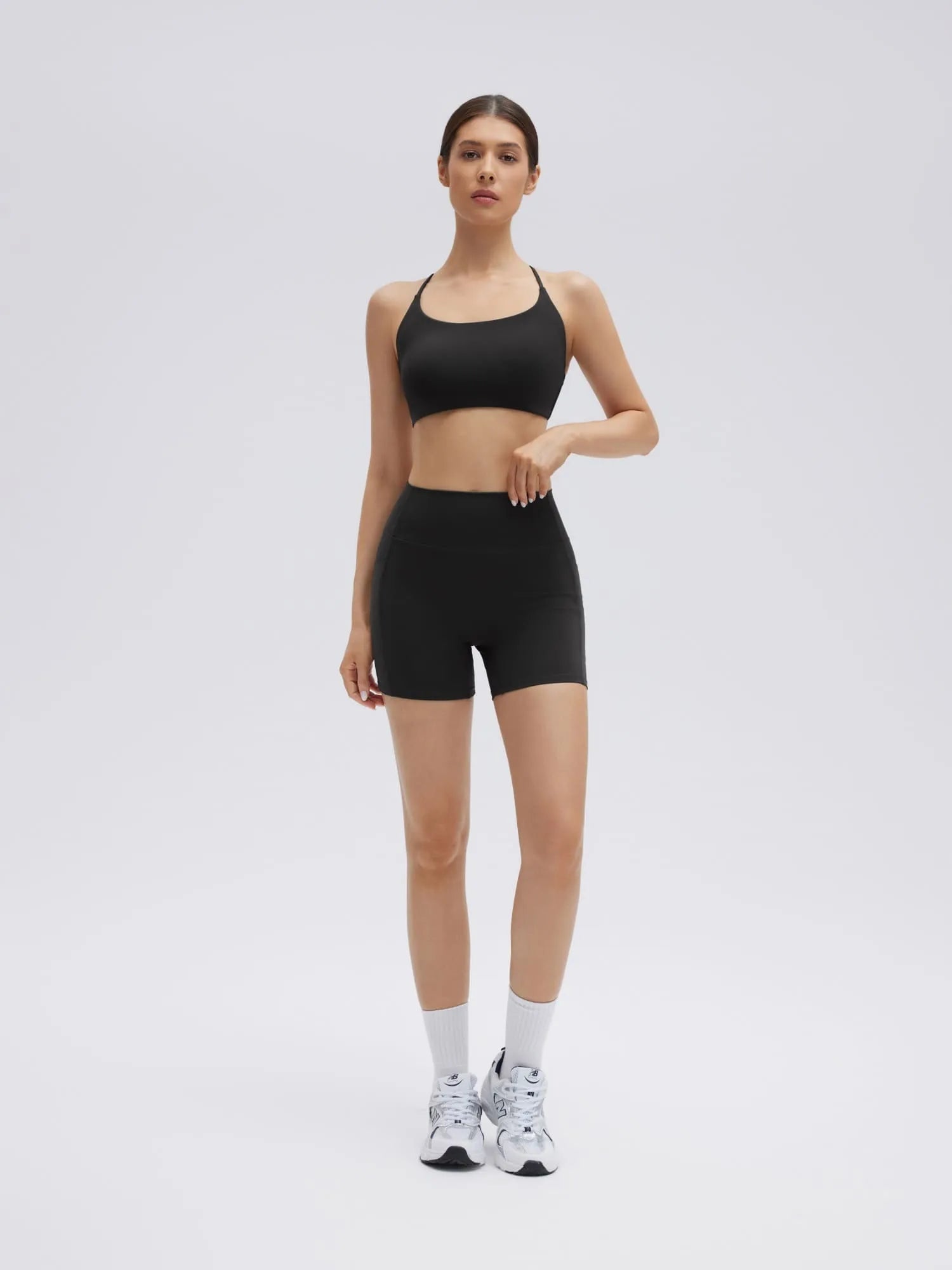 SUUKSESS Women 2 Piece Workout Sets Strappy Sports Bra High Waist Biker Shorts with Pockets-SUUKSESS-Black-XS-SUUKSESS