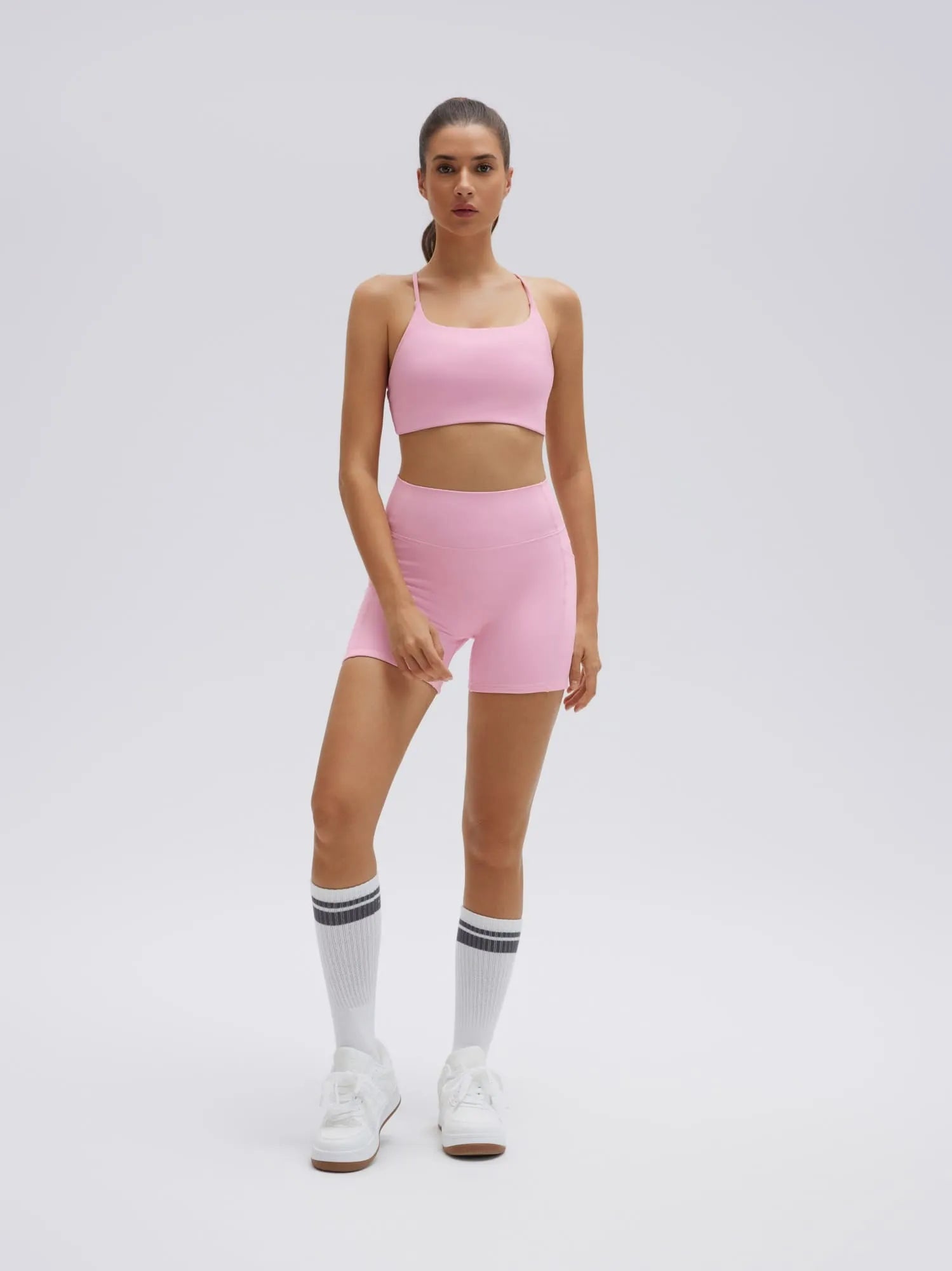 SUUKSESS Women 2 Piece Workout Sets Strappy Sports Bra High Waist Biker Shorts with Pockets-SUUKSESS-Light Pink-XS-SUUKSESS