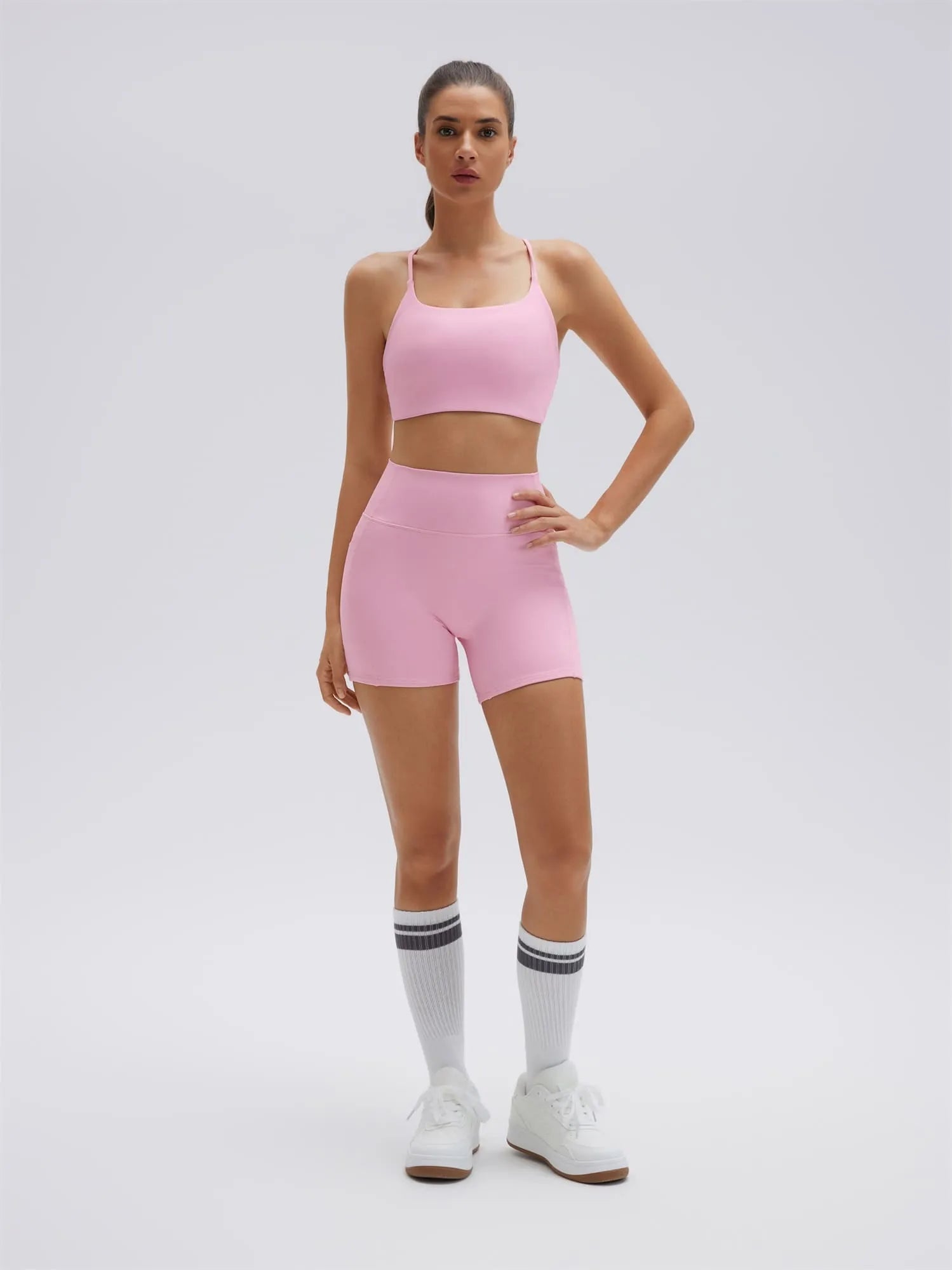 SUUKSESS Women 2 Piece Workout Sets Strappy Sports Bra High Waist Biker Shorts with Pockets-SUUKSESS-SUUKSESS