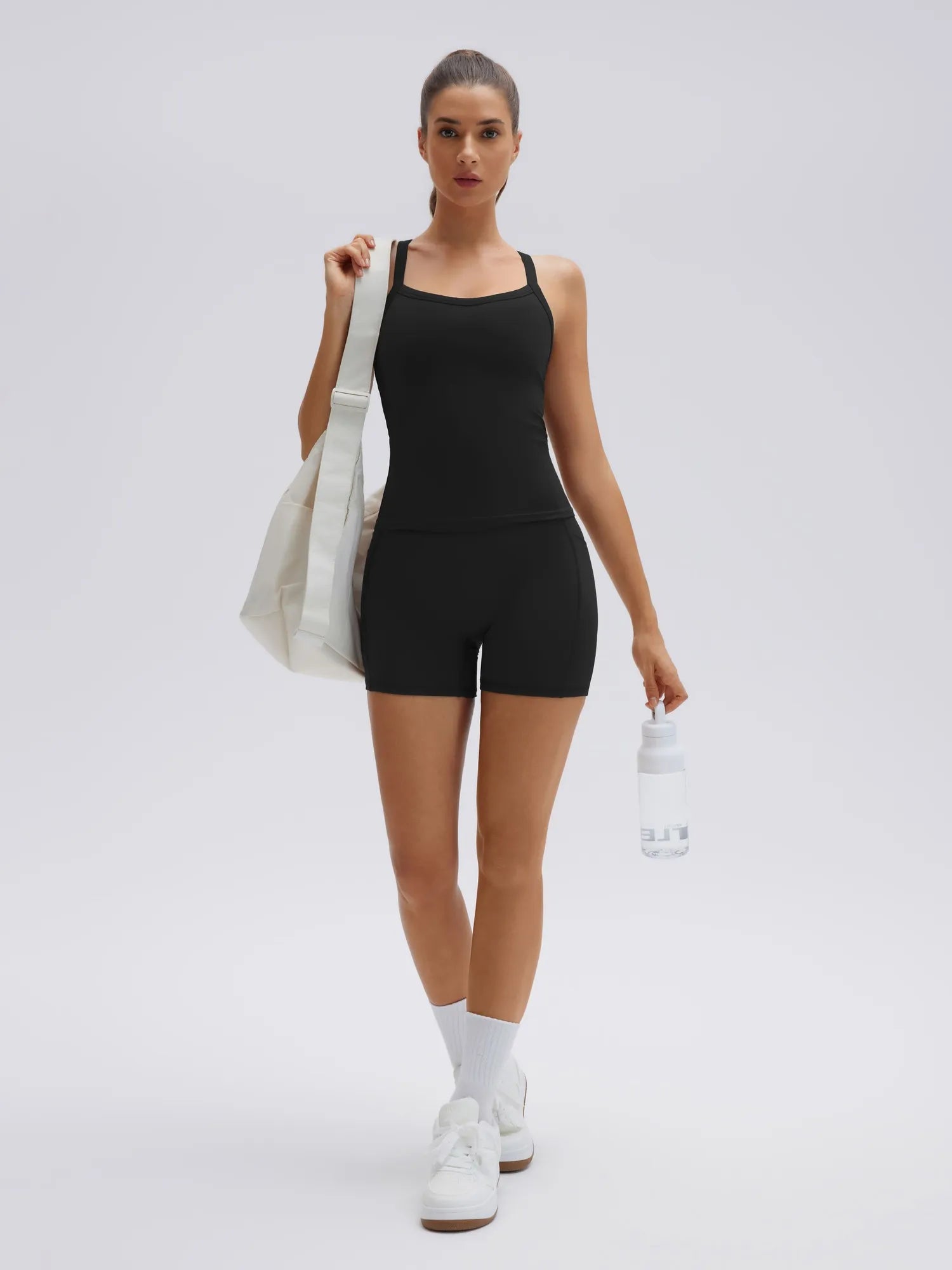 SUUKSESS Women 2 Piece Workout Sets High Waisted Biker Shorts with Pocket Padded Racerback Tank Tops Halter Sports Bras-SUUKSESS-SUUKSESS