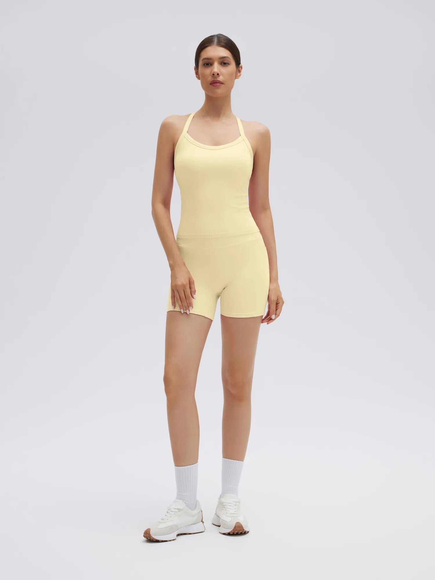 SUUKSESS Women 2 Piece Workout Sets High Waisted Biker Shorts with Pocket Padded Racerback Tank Tops Halter Sports Bras-SUUKSESS-Yellow-XS-SUUKSESS