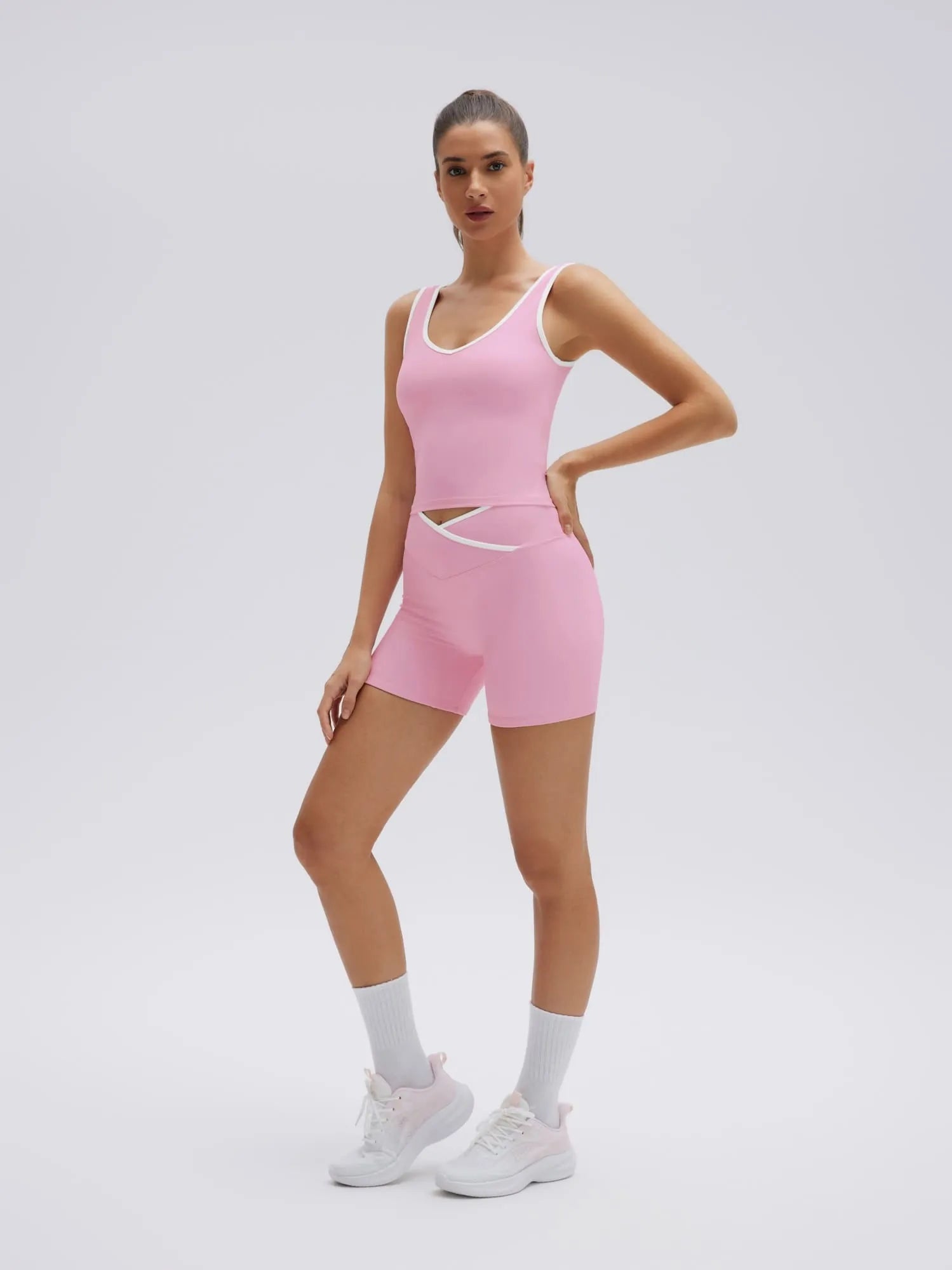 SUUKSESS Women 2 Piece Workout Sets Built in Bra Yoga Tank Top High Waisted Tummy Control Biker Shorts-SUUKSESS-Pink-XS-SUUKSESS