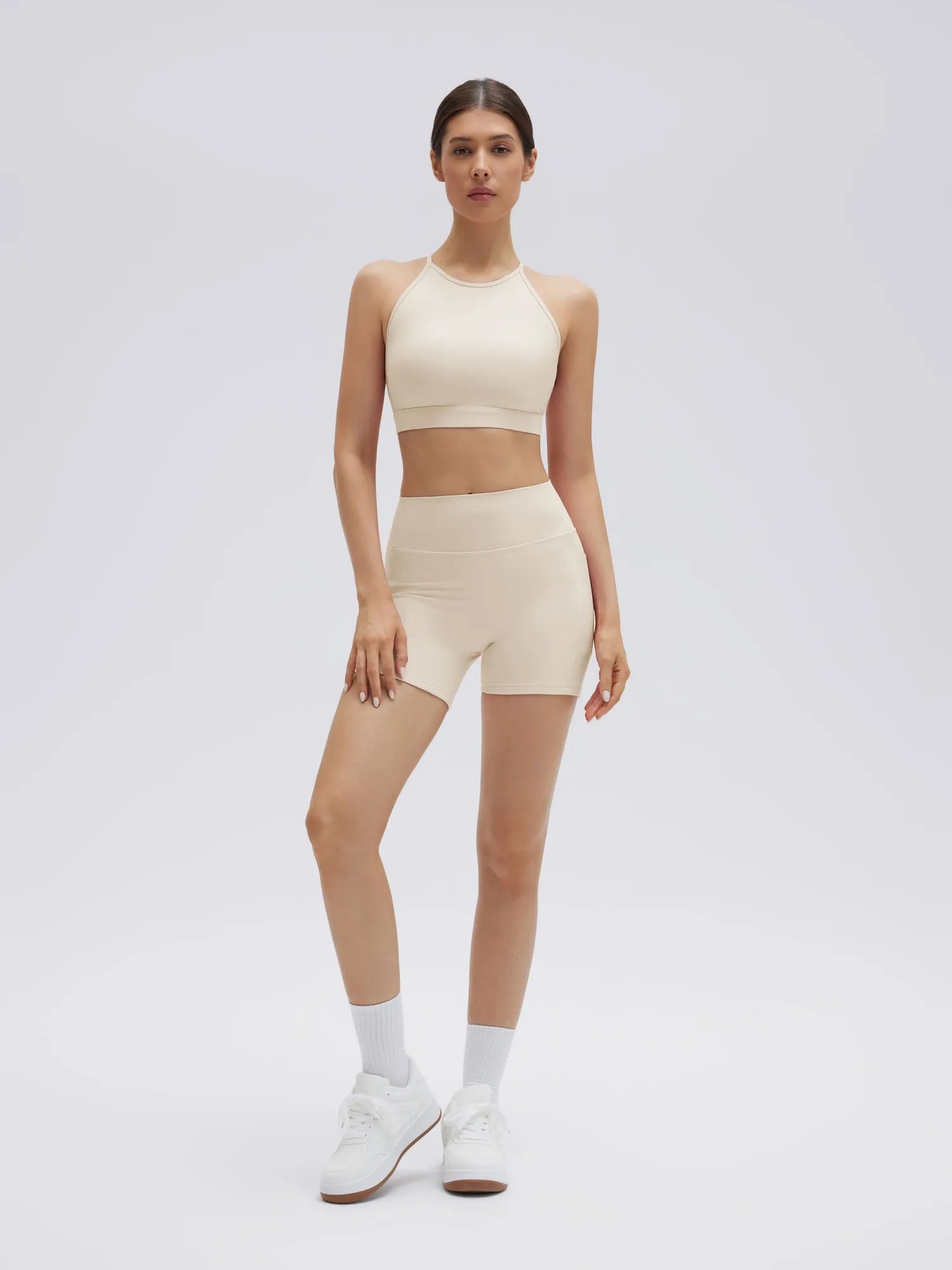 SUUKSESS Womens Workout Set Crew Neck Strappy Sports Bra Tank High Waist Tummy Control Bike Short Outfit-SUUKSESS-White-XS-SUUKSESS