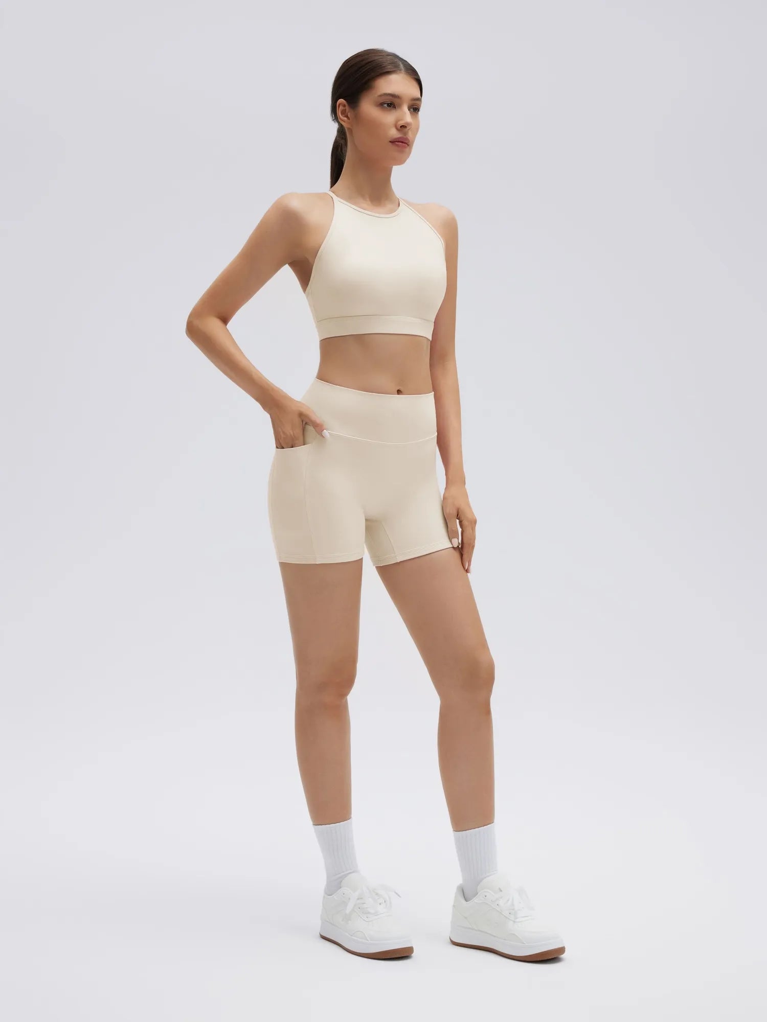 SUUKSESS Womens Workout Set Crew Neck Strappy Sports Bra Tank High Waist Tummy Control Bike Short Outfit-SUUKSESS-SUUKSESS