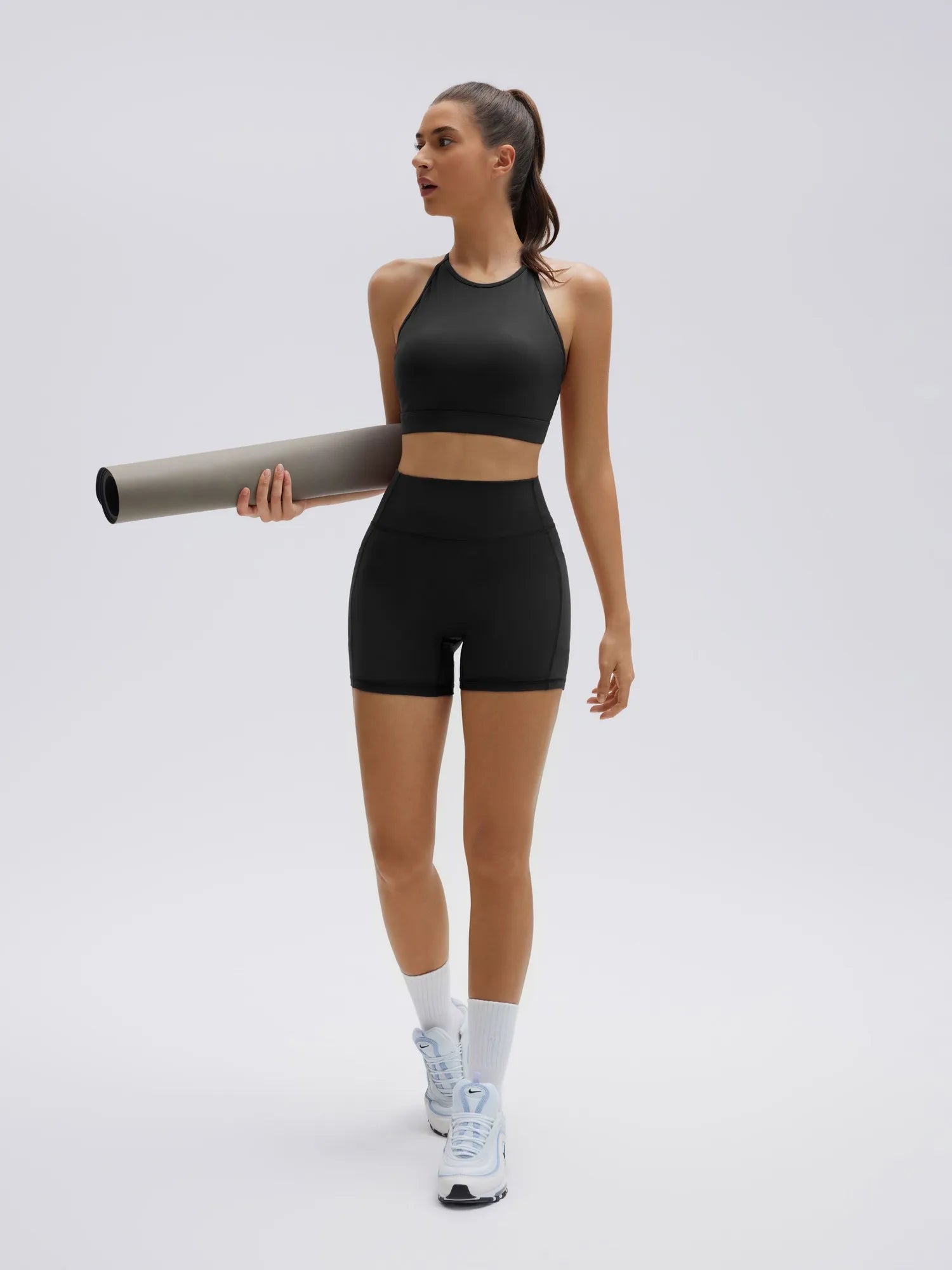 SUUKSESS Womens Workout Set Crew Neck Strappy Sports Bra Tank High Waist Tummy Control Bike Short Outfit-SUUKSESS-SUUKSESS