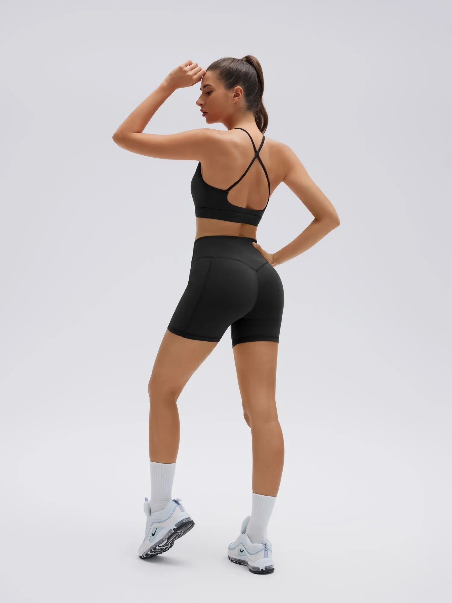 SUUKSESS Womens Workout Set Crew Neck Strappy Sports Bra Tank High Waist Tummy Control Bike Short Outfit-SUUKSESS-SUUKSESS