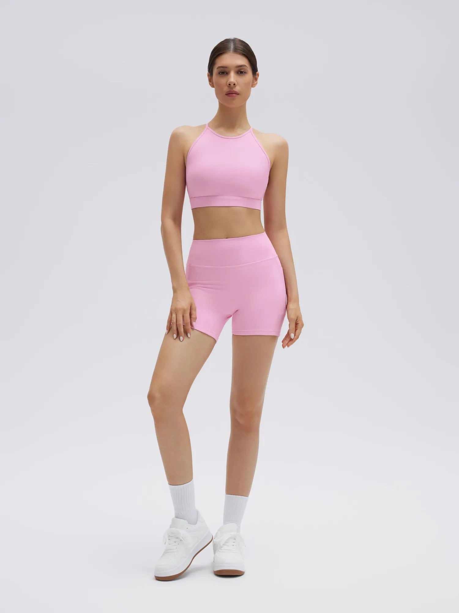 SUUKSESS Womens Workout Set Crew Neck Strappy Sports Bra Tank High Waist Tummy Control Bike Short Outfit-SUUKSESS-Pink-XS-SUUKSESS