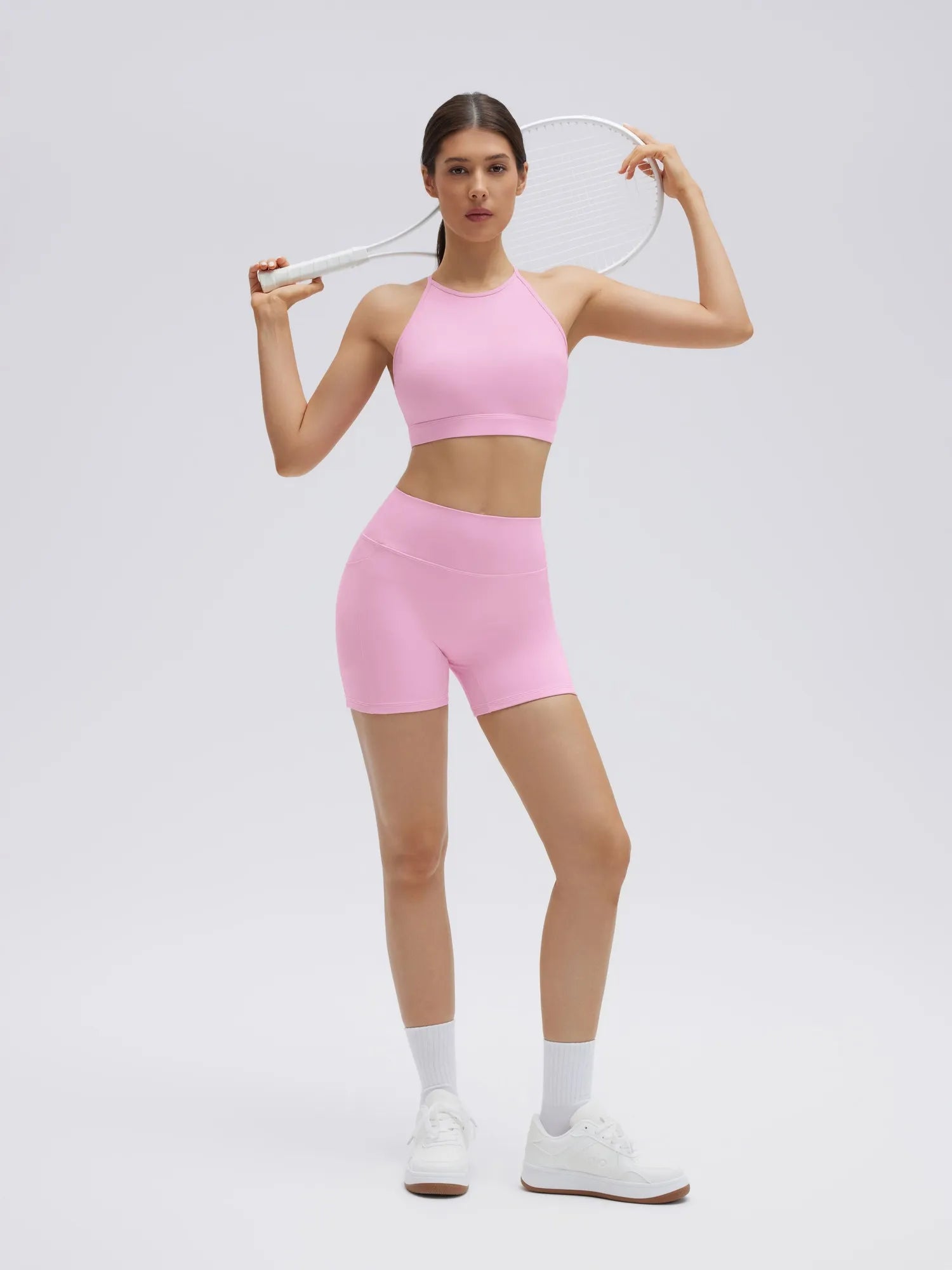 SUUKSESS Womens Workout Set Crew Neck Strappy Sports Bra Tank High Waist Tummy Control Bike Short Outfit-SUUKSESS-SUUKSESS