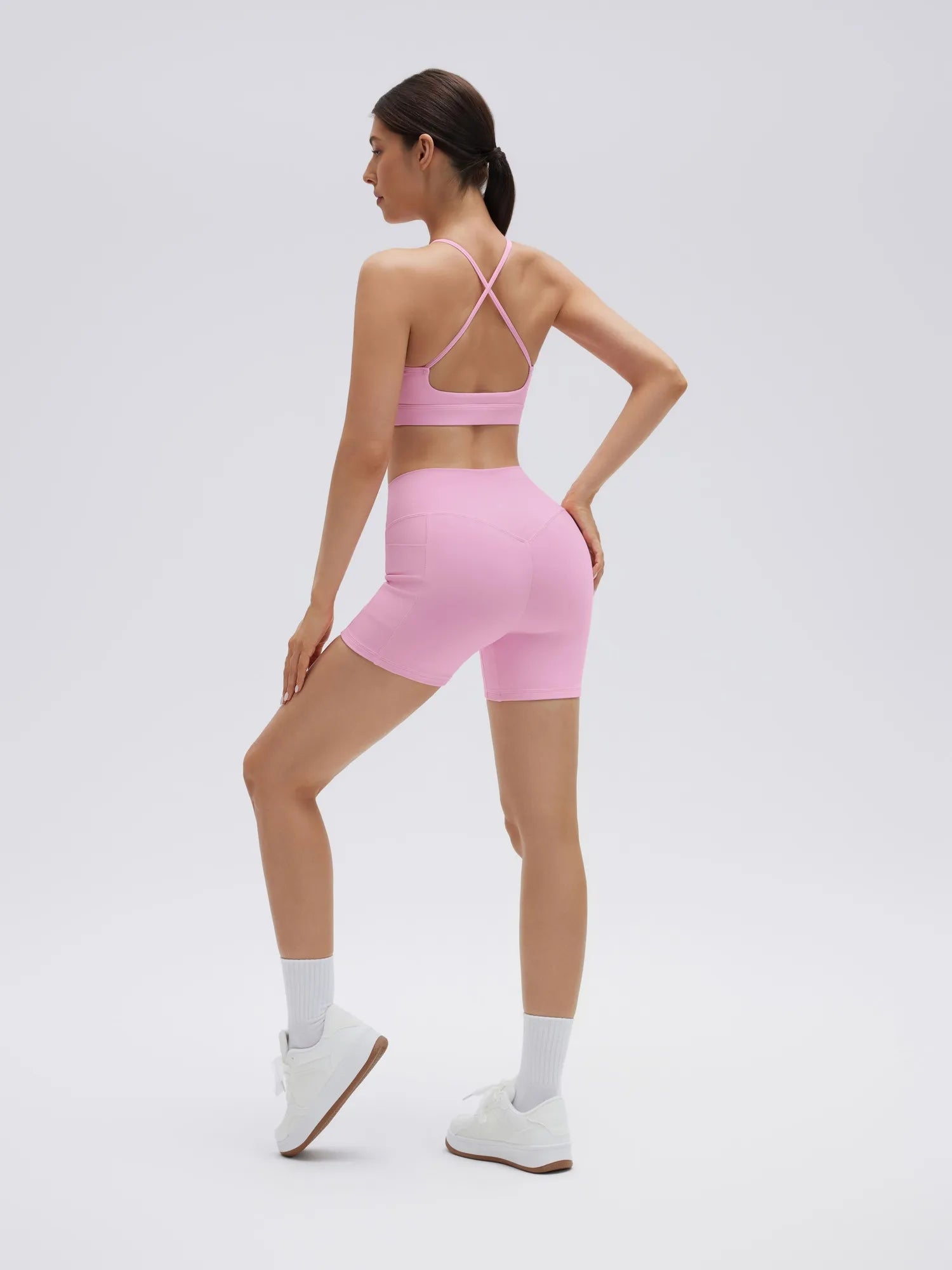 SUUKSESS Womens Workout Set Crew Neck Strappy Sports Bra Tank High Waist Tummy Control Bike Short Outfit-SUUKSESS-SUUKSESS