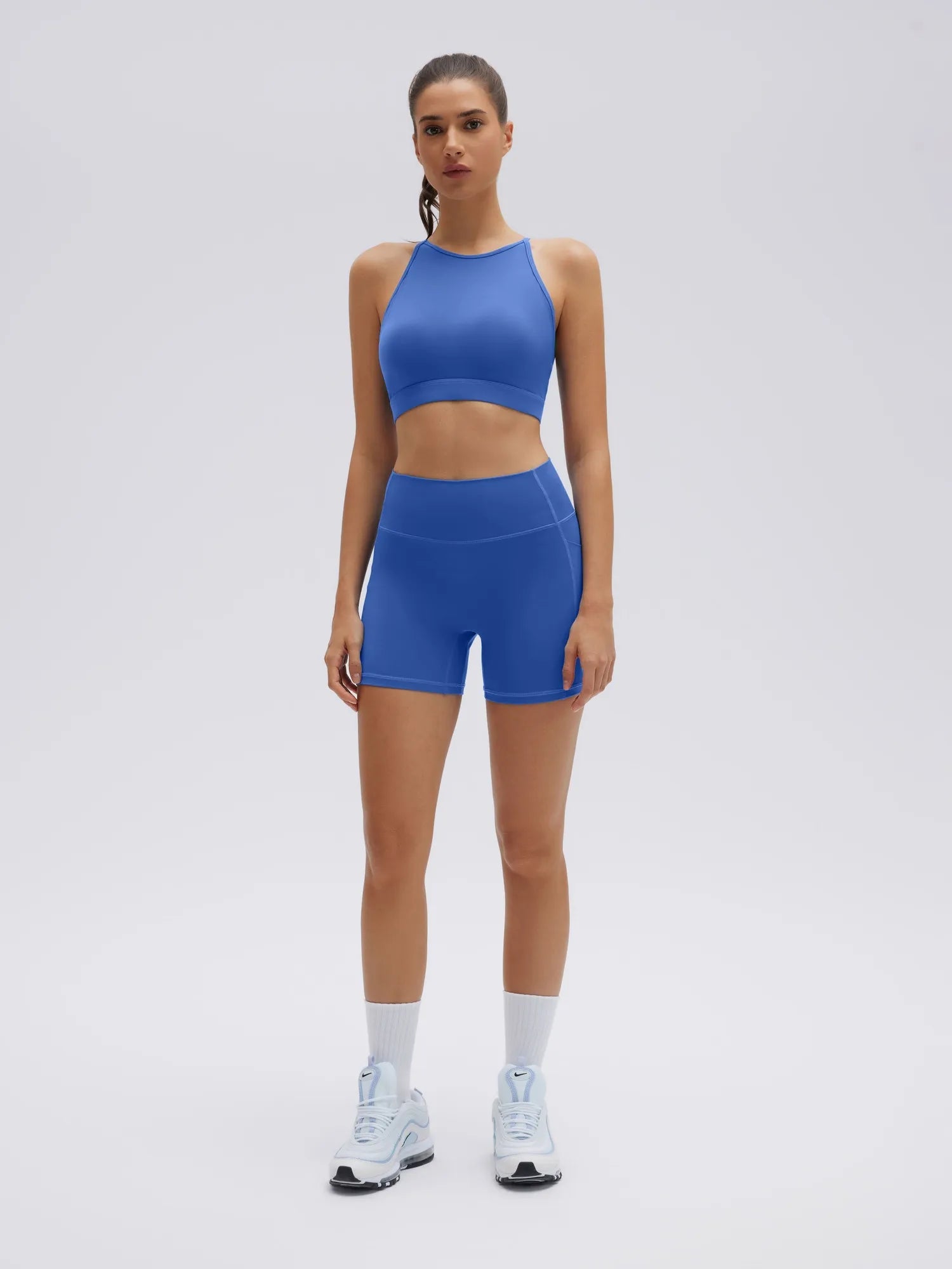 SUUKSESS Womens Workout Set Crew Neck Strappy Sports Bra Tank High Waist Tummy Control Bike Short Outfit-SUUKSESS-Blue-XS-SUUKSESS