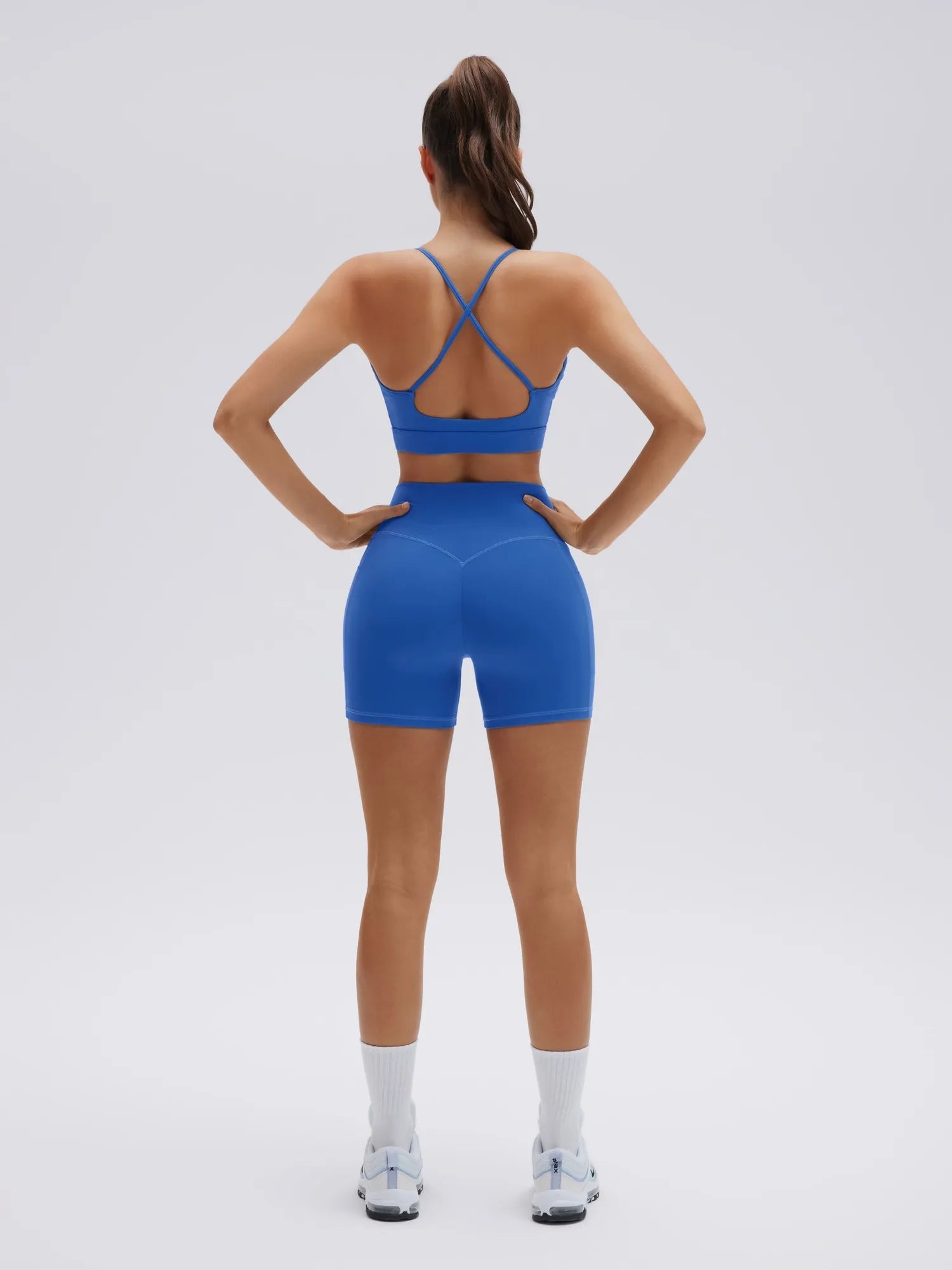 SUUKSESS Womens Workout Set Crew Neck Strappy Sports Bra Tank High Waist Tummy Control Bike Short Outfit-SUUKSESS-SUUKSESS