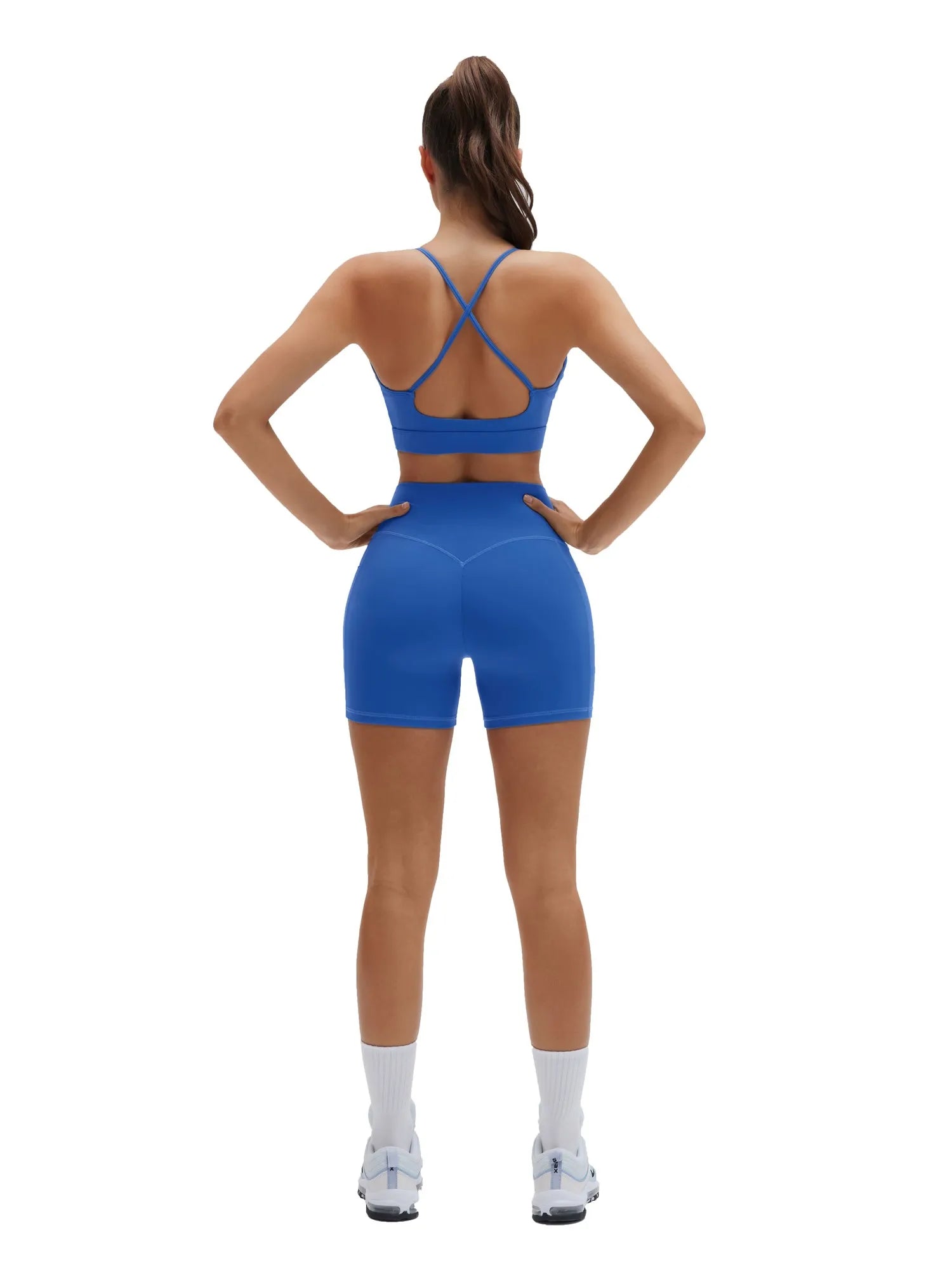 SUUKSESS Womens Workout Set Crew Neck Strappy Sports Bra Tank High Waist Tummy Control Bike Short Outfit-SUUKSESS-SUUKSESS