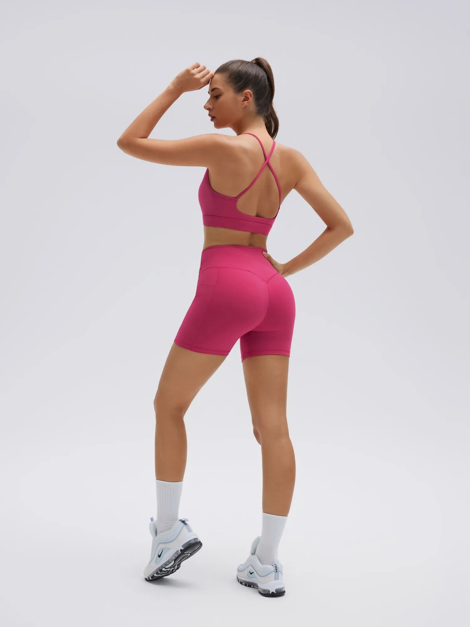 SUUKSESS Womens Workout Set Crew Neck Strappy Sports Bra Tank High Waist Tummy Control Bike Short Outfit-SUUKSESS-SUUKSESS