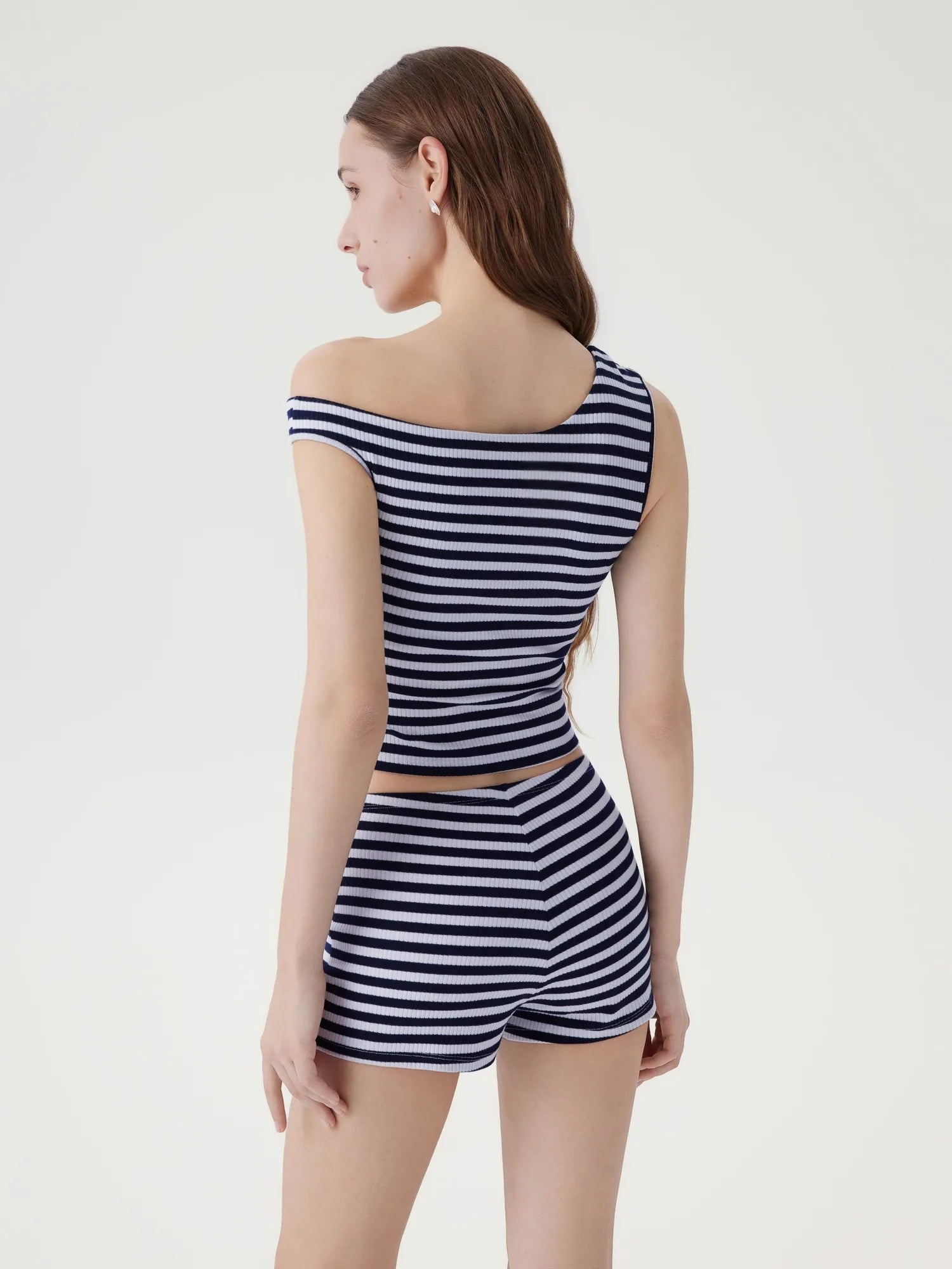 Off Shoulder Mini Shorts 2 Piece Striped Sets