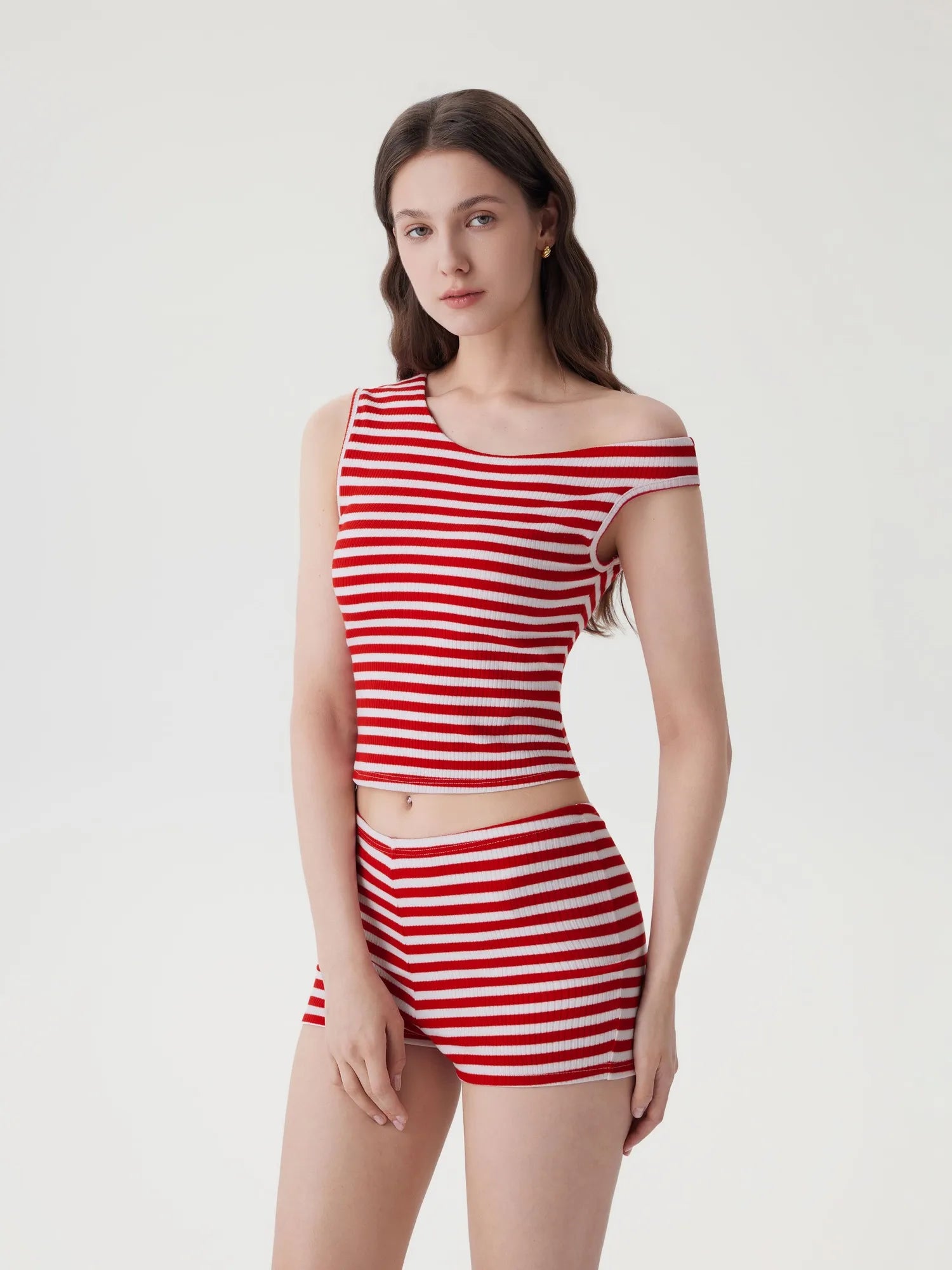 Off Shoulder Mini Shorts 2 Piece Striped Sets