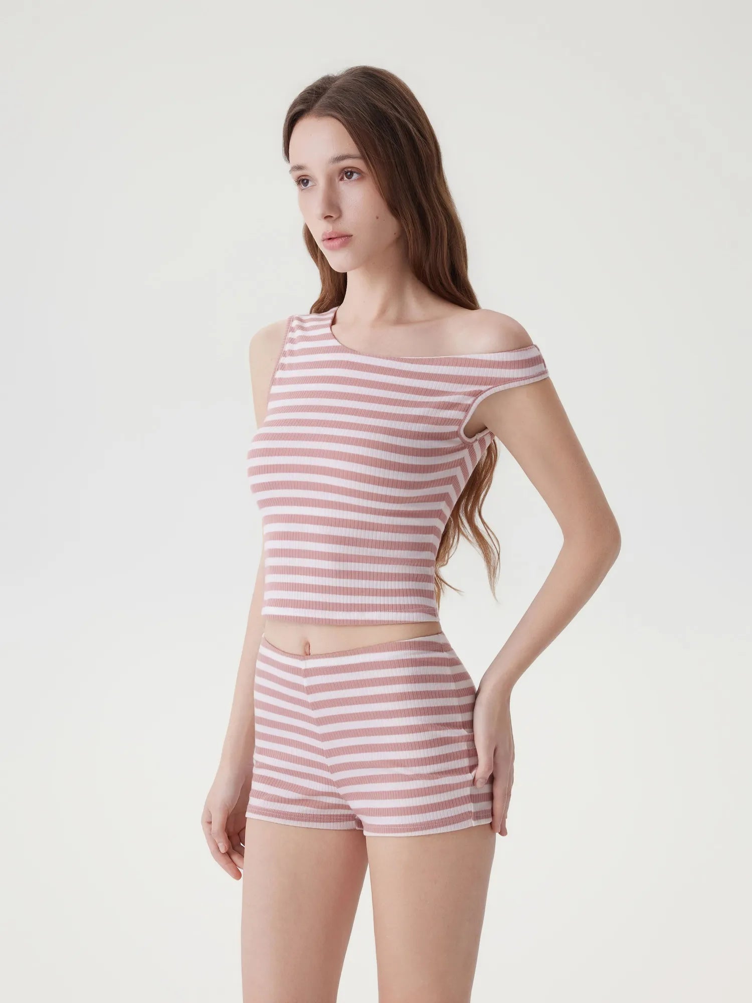 Off Shoulder Mini Shorts 2 Piece Striped Sets