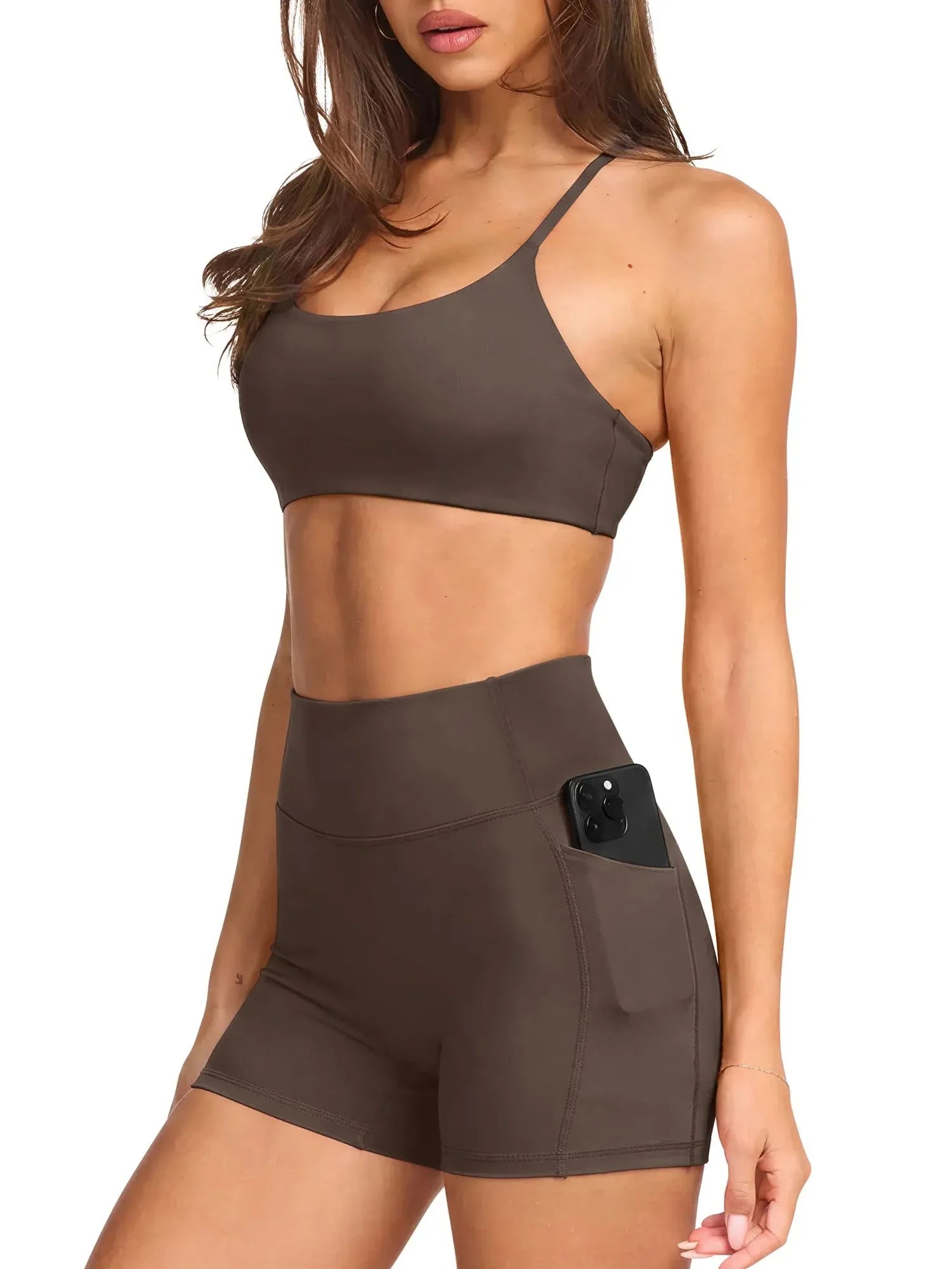 Scoop Neck V Back Sports Workout Sets-SUUKSESS-Brown-XS-SUUKSESS