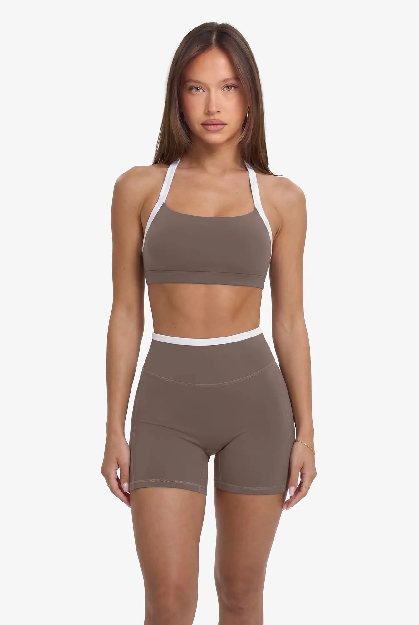 Padded Sports Bra 2 Piece Workout Sets-SUUKSESS-Brown White-XS-SUUKSESS