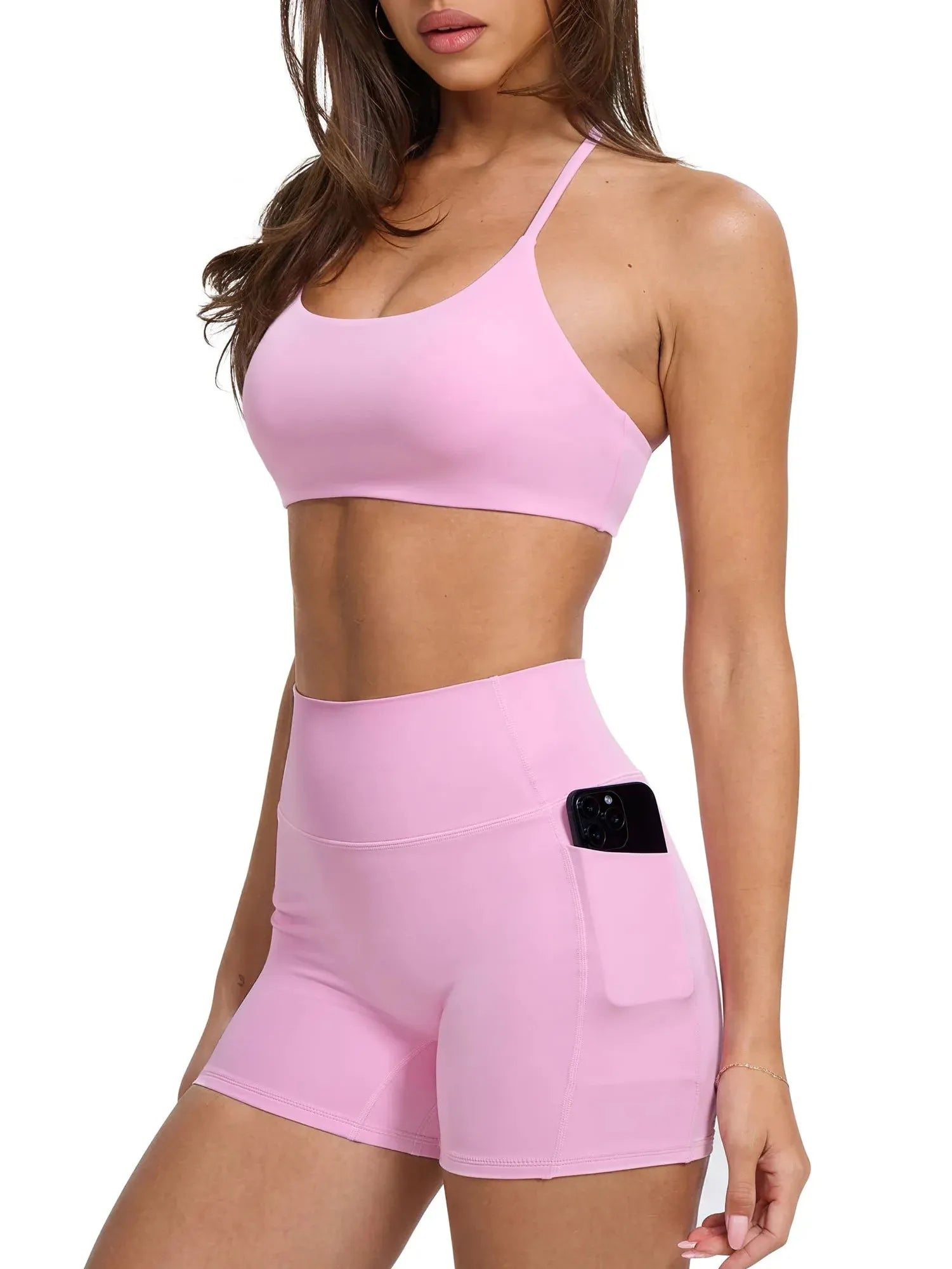 Scoop Neck V Back Sports Workout Sets-SUUKSESS-Pink-XS-SUUKSESS