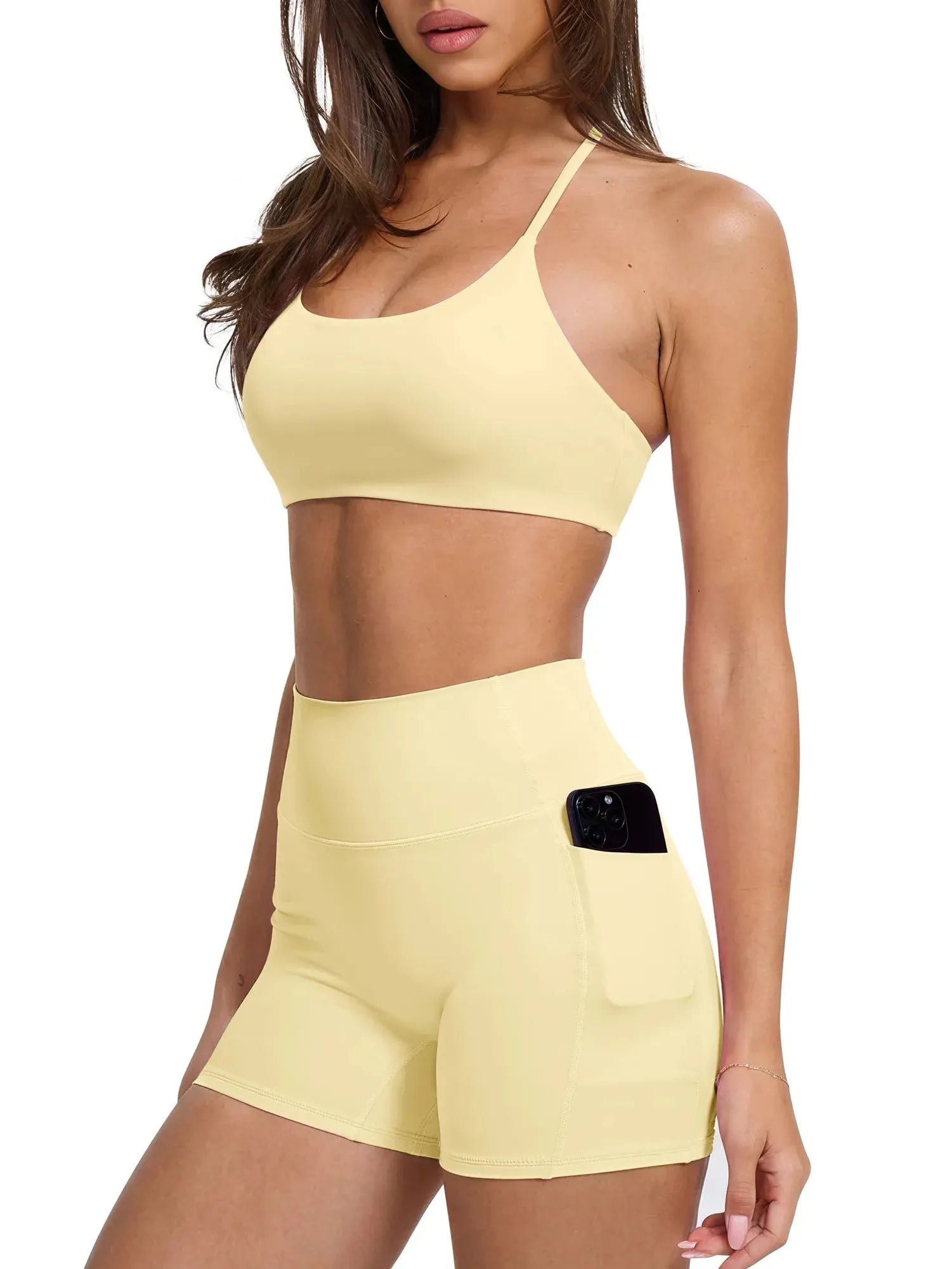 Scoop Neck V Back Sports Workout Sets-SUUKSESS-Yellow-XS-SUUKSESS